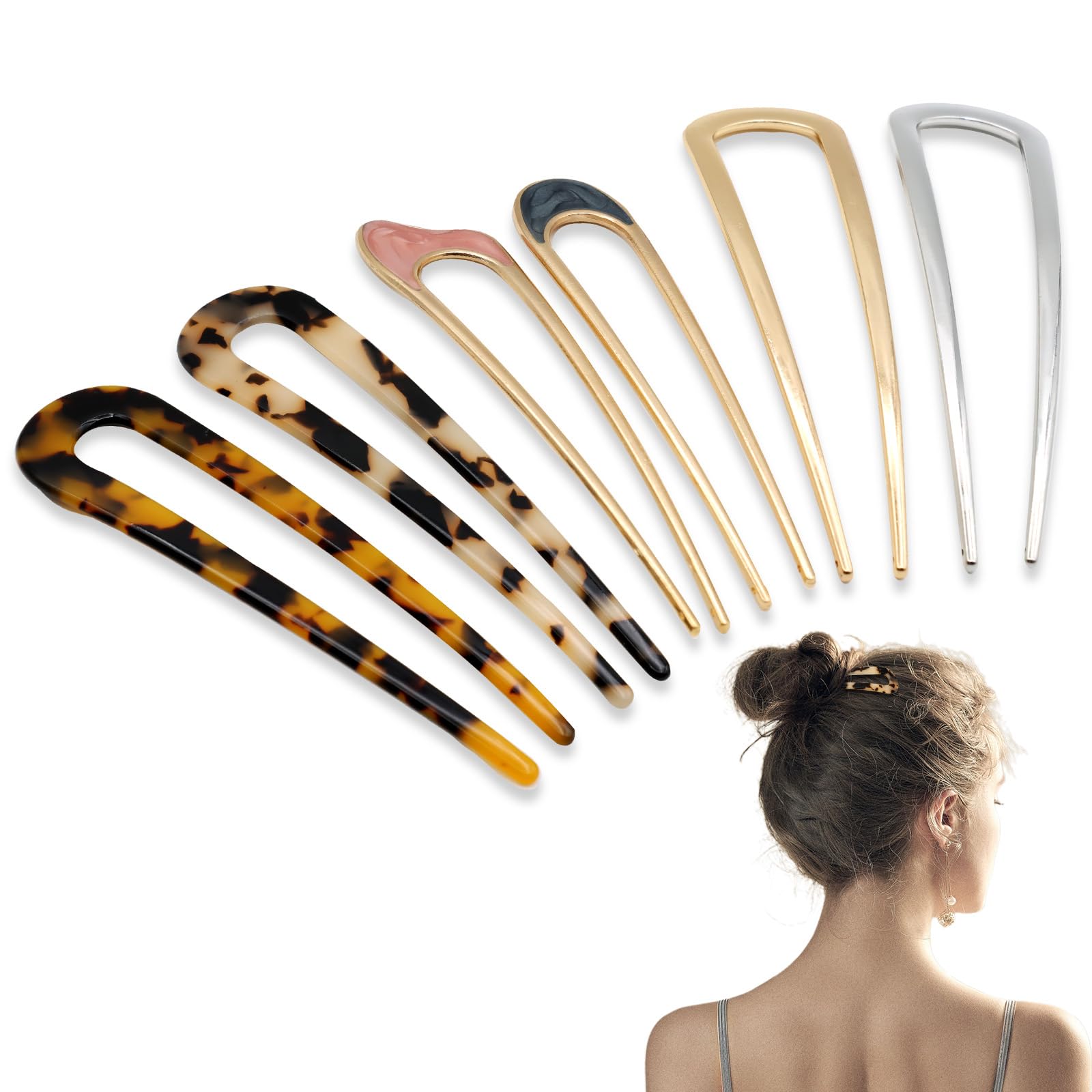 Scettar 6 Pcs Metal French Hair Pins for Women - U Shaped Twist Pins for Girls Hairstyle Accessories, Gold