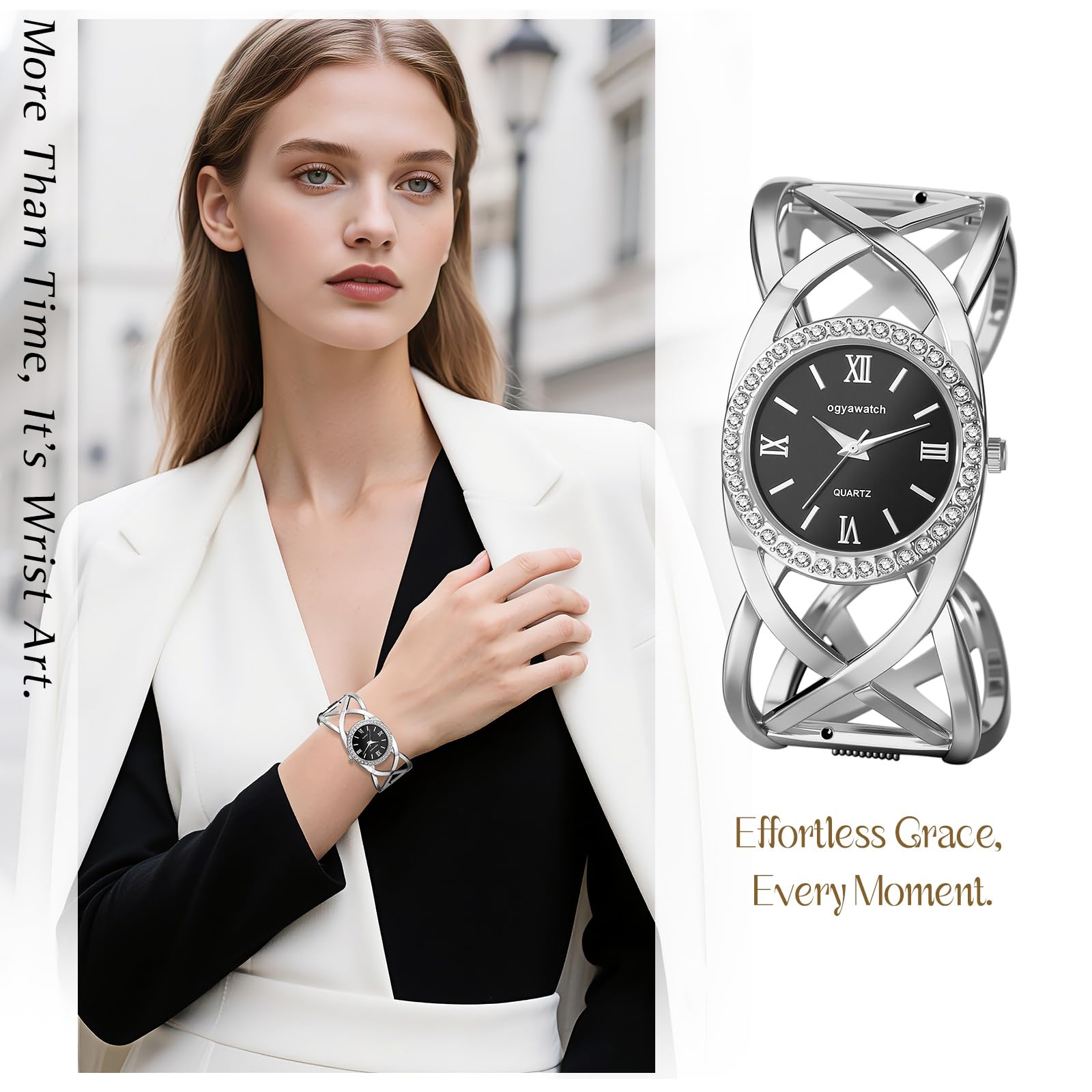 JewelryWe Reloj de pulsera gruesa para mujer: reloj de pulsera abierta de acero inoxidable en tono dorado, esfera analógica de cuarzo fácil de leer con números romanos con detalles de circonita cúbica