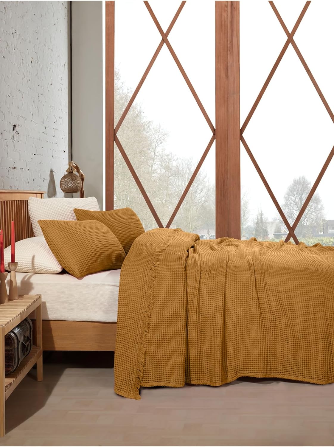 Waffle Weave Bedspread 100% Cotton Queen/King Size Lightweight Breathable Texture Solid Color Bed Coverlet Caramel for Seasons - Brown, One Size