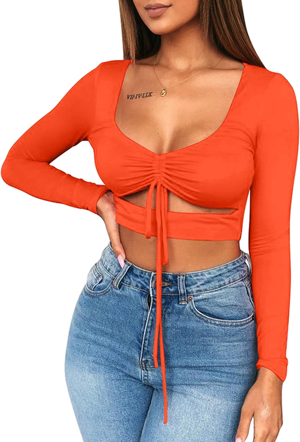 Mizoci Women's Sexy Ruched Tie Up Crop Top Basic Long Sleeve Cut Out T Shirt - Image 2