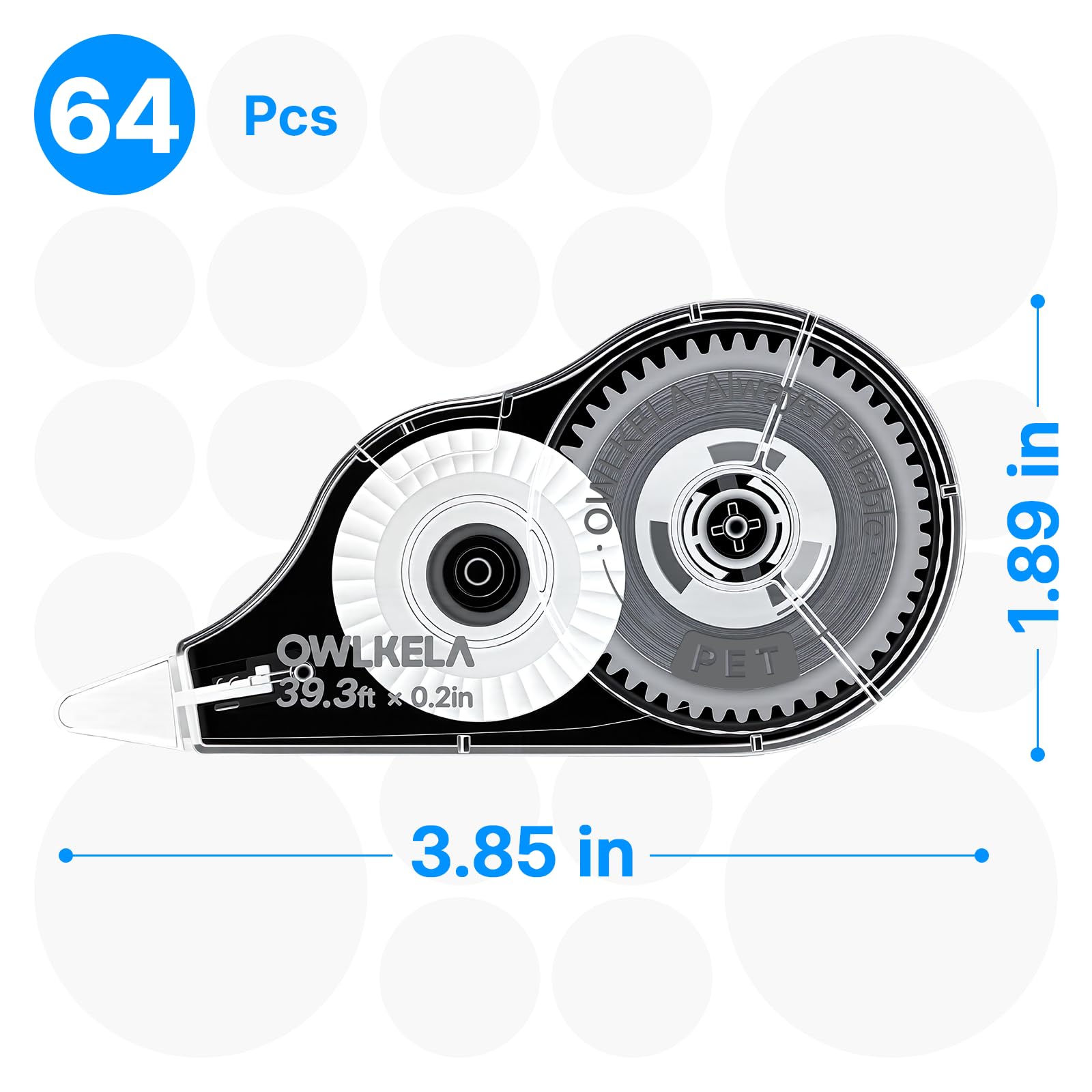 OWLKELA 64 cintas correctoras, 39.3 pies, carcasa negra y núcleo blanco | Sin tiempo de secado, resistente al desgarro, 0.2 pulgadas de ancho, ideal para la oficina y la escuela