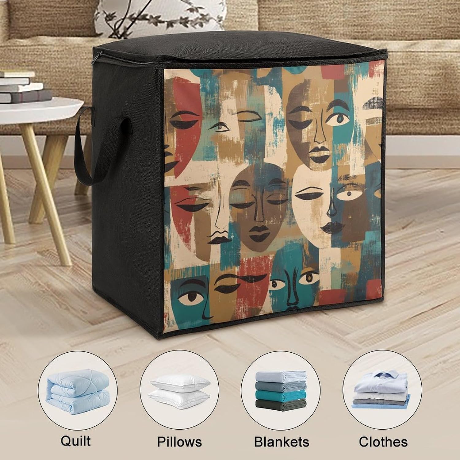 African Faces Art Masks Large Comforter Blanket Storage Bags Bins 70L Closet Organizer with Handles
