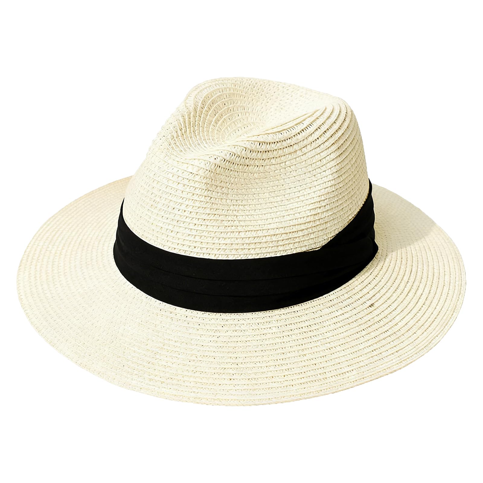 QUUPYSTORE Women Straw Fedora Beach Sun Hat Summer Wide Brim Straw Panama Roll up Hat Packable Summer Hat UPF 50+ 56-58cm White
