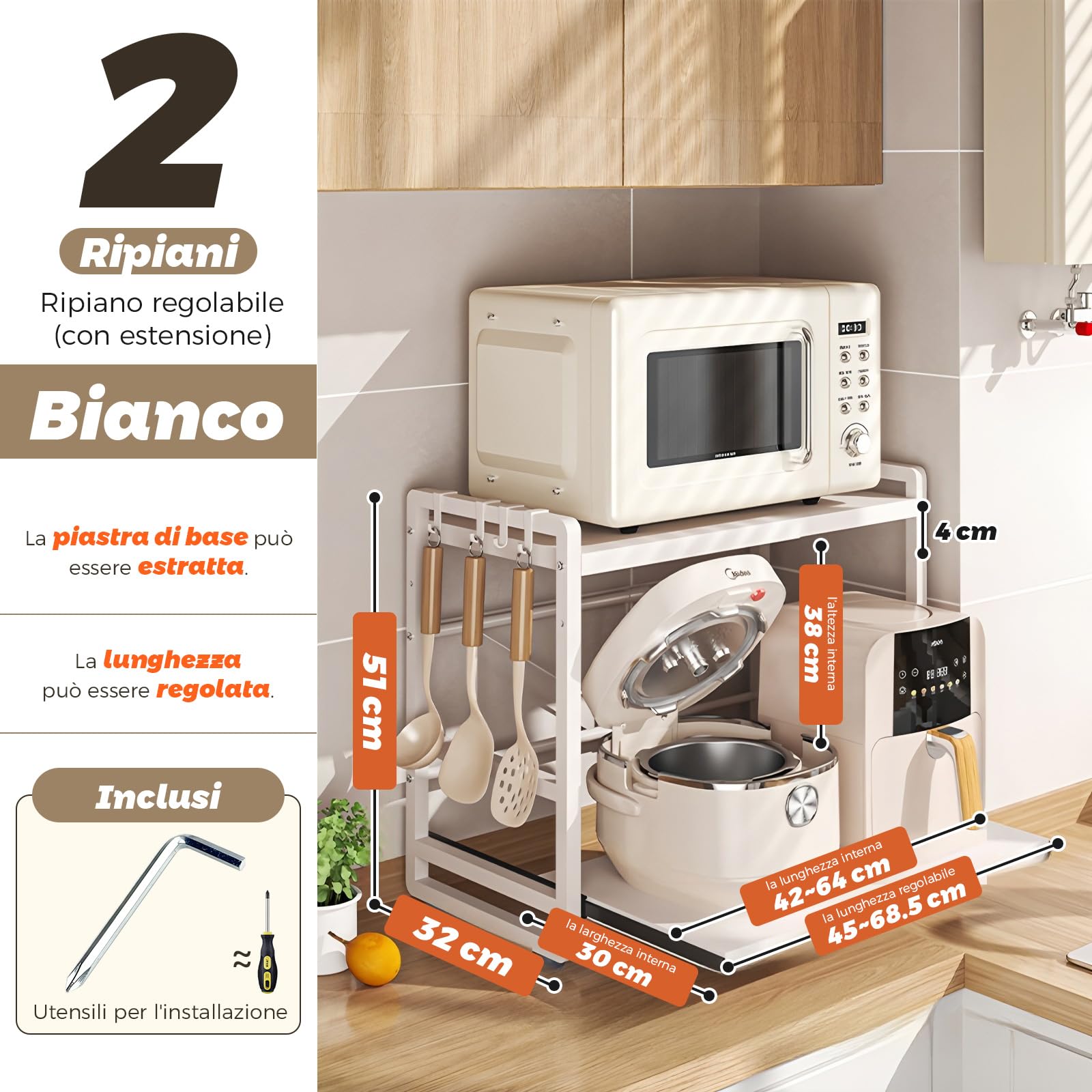 BeSokar Scaffale per microonde a 2 ripiani, regolabile in altezza ed estraibile, con cassetto, in acciaio al carbonio, con ganci e ventose di rinforzo, facile da montare (bianco)