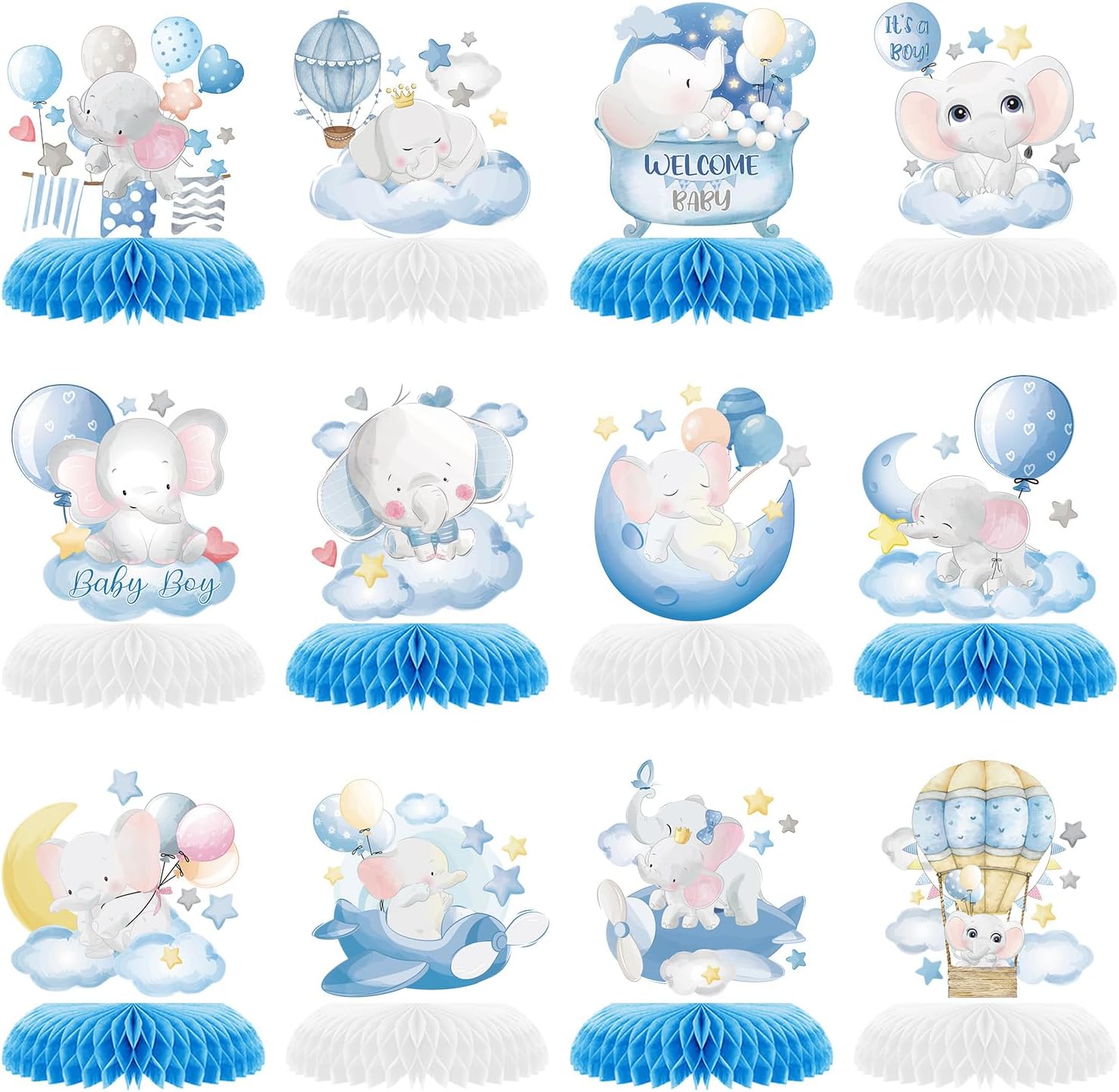 12 Pcs Blue Elephant Honeycomb Centerpieces Moon Star Balloons Elephant Theme Party Topper It’s A Boy 3D Baby Shower Honeycomb Table Decorations for Birtaday Wedding Shower Party Supplies
