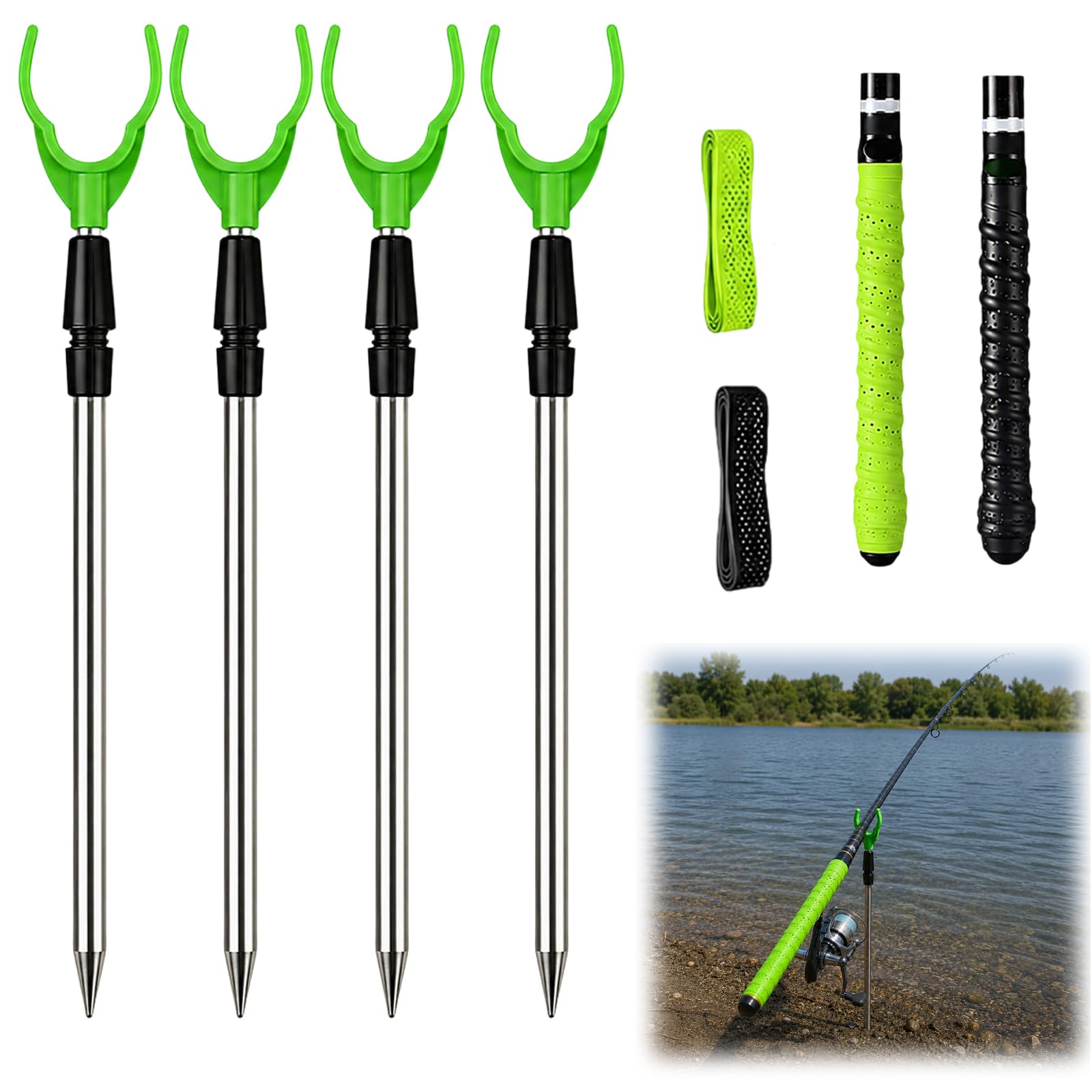 6-Piece Rod Rests Fishing Set, 4 Telescopic Metal Bank Sticks (30-50cm) and 2 Rod Grip Tapes, Adjustable Fishing Rod Holder for River and Shore Angling