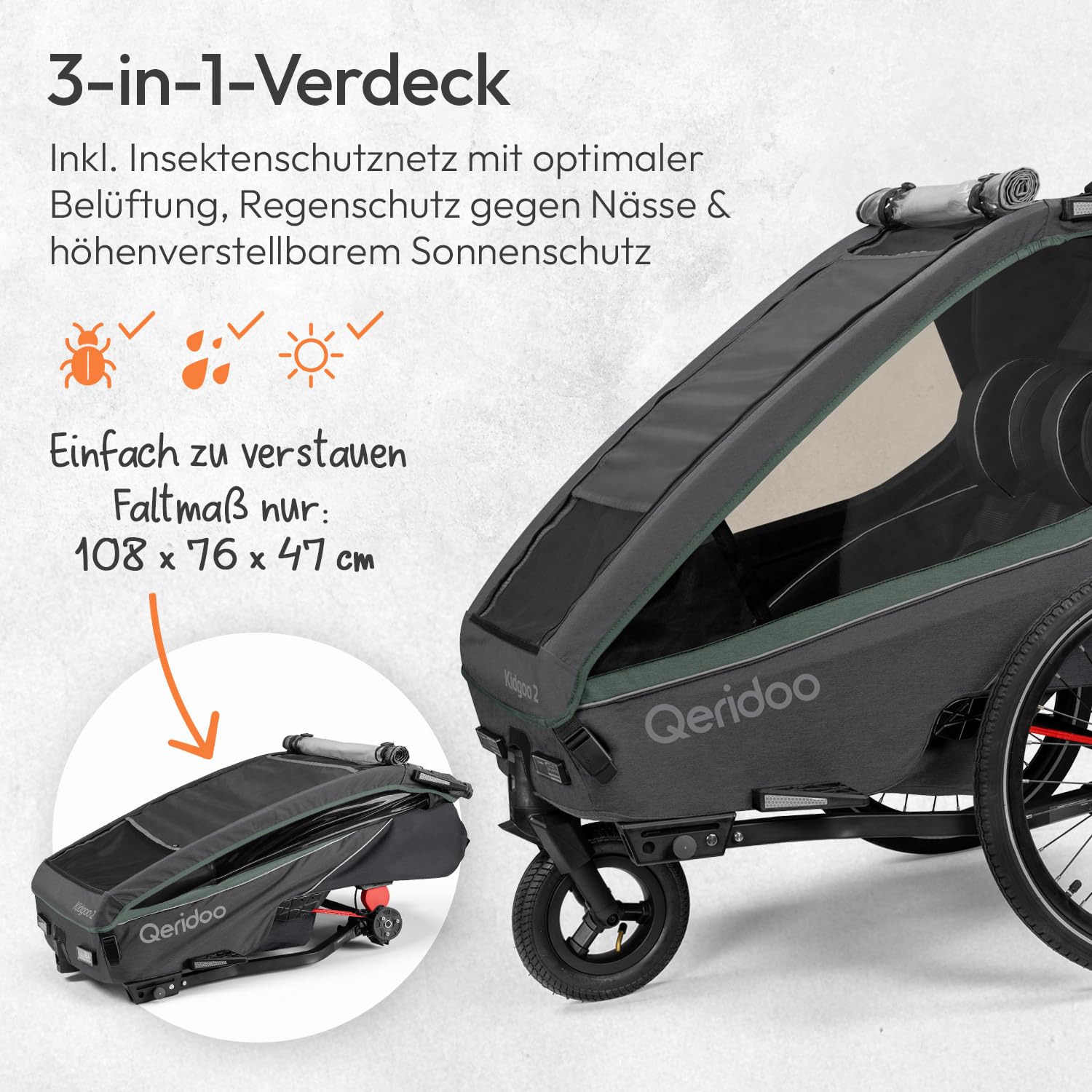 Qeridoo Kidgoo 2 Ivy Green Remorque de vélo pliable avec harnais à 5 points et système de fixation Easy-ARS pour 2 enfants avec roue de poussette rotative à 360° et protections de tête brevetées
