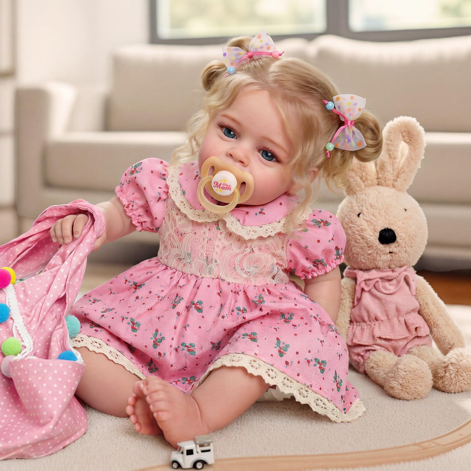 BABESIDE Realistische Babypuppen echte Reborn-Babypuppen 45cm Lebensechte Mädchen Weicher Stoffkörper mit Langen Blonden Haaren, mit Kleidungszubehör für Kinder ab 3 Jahren,Rosa