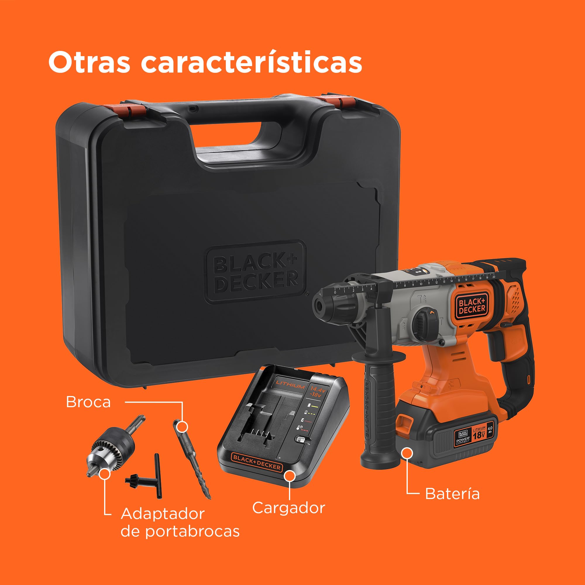 BLACK+DECKER Taladro percutor inalámbrico SDS-Plus 18V, batería 4,0Ah, cargador 2A, caja del kit, mango ajustable, luz LED, BCD900M1K-QW