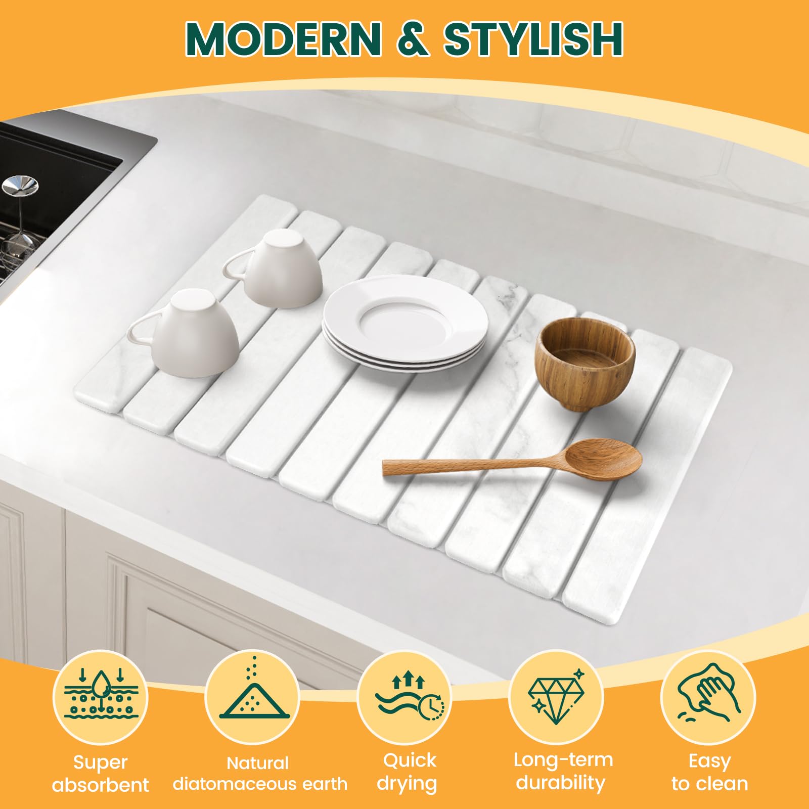 Tappetino scolapiatti 60 x 39 cm, ad asciugatura rapida, in terra di diatomee, multiuso, assorbente, design in marmo bianco per un'asciugatura efficiente dei piatti