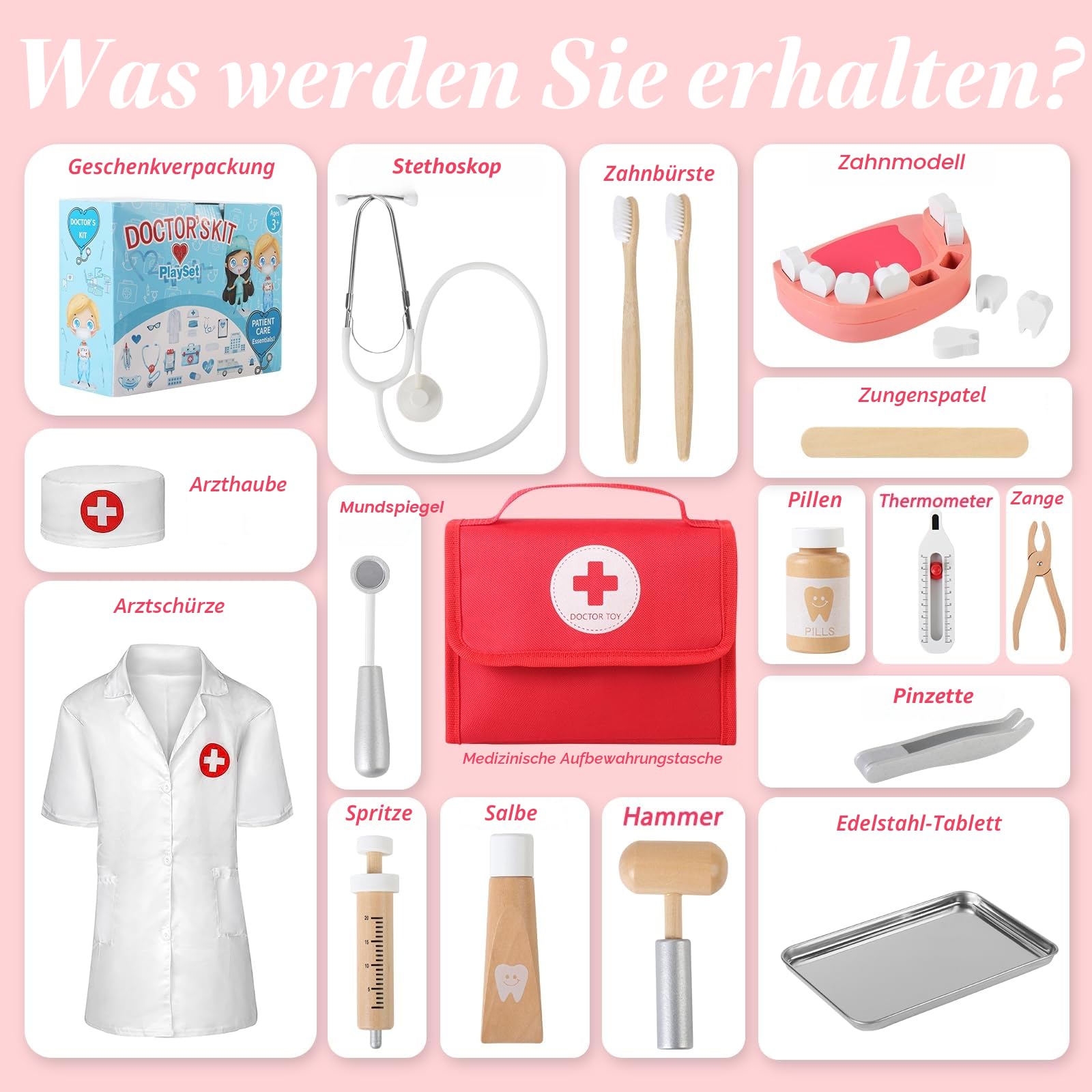 Mardo Arztkoffer Kinder Holz Doktorkoffer mit Echtem Stethoskop, Arztkittel und Doktortasche in Rot, Perfekt für Rollenspiele Zahnarzt Spielzeug ab 3 4 5 Jahren 1