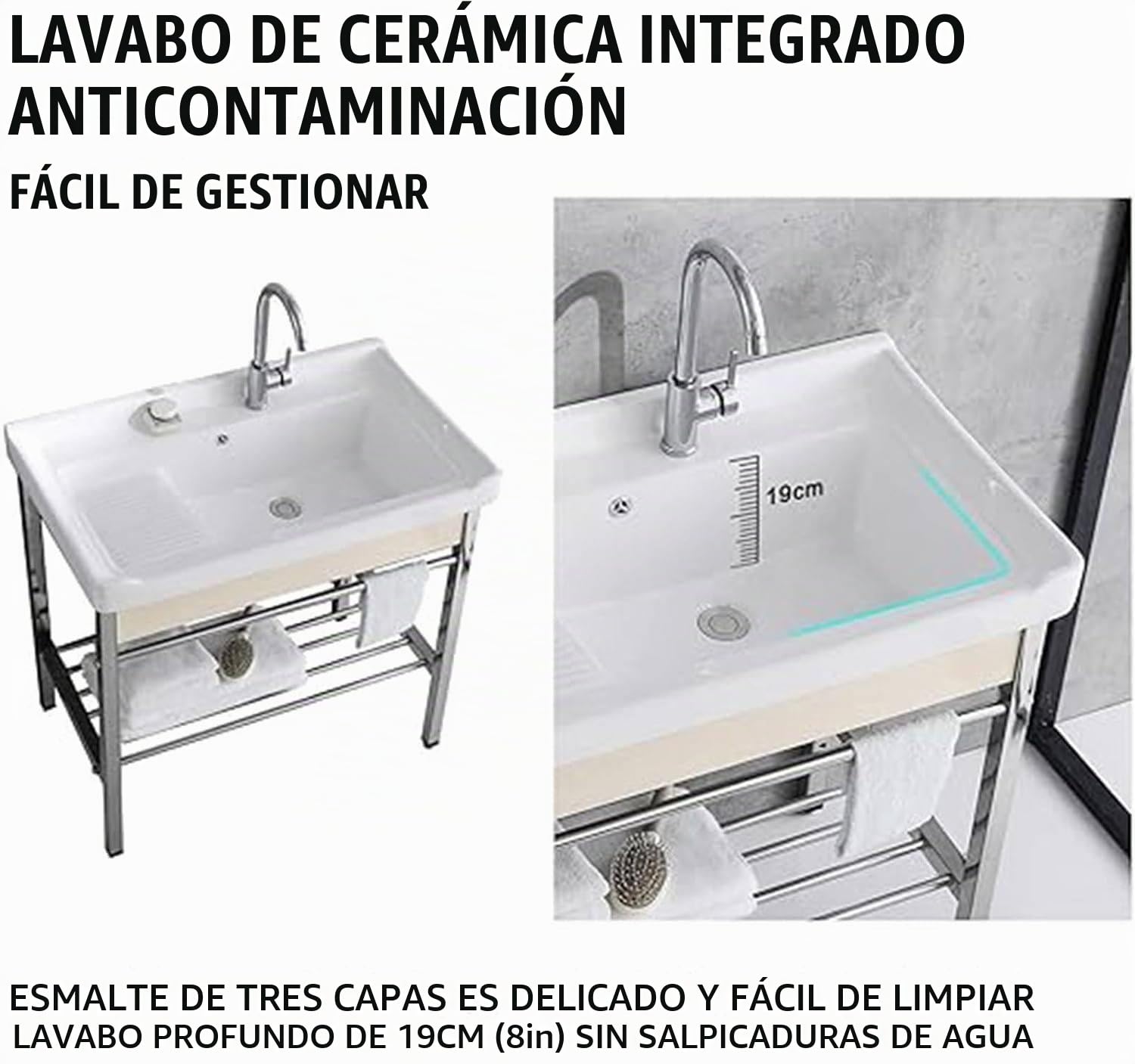 Fregadero Independiente para Lavandería, Fregadero De Un Solo Tazón, con Soporte Y Kit De Drenaje para Lavadero, Lavadero, Garaje, Sótano, Exterior E Interior.,61x48x85cm