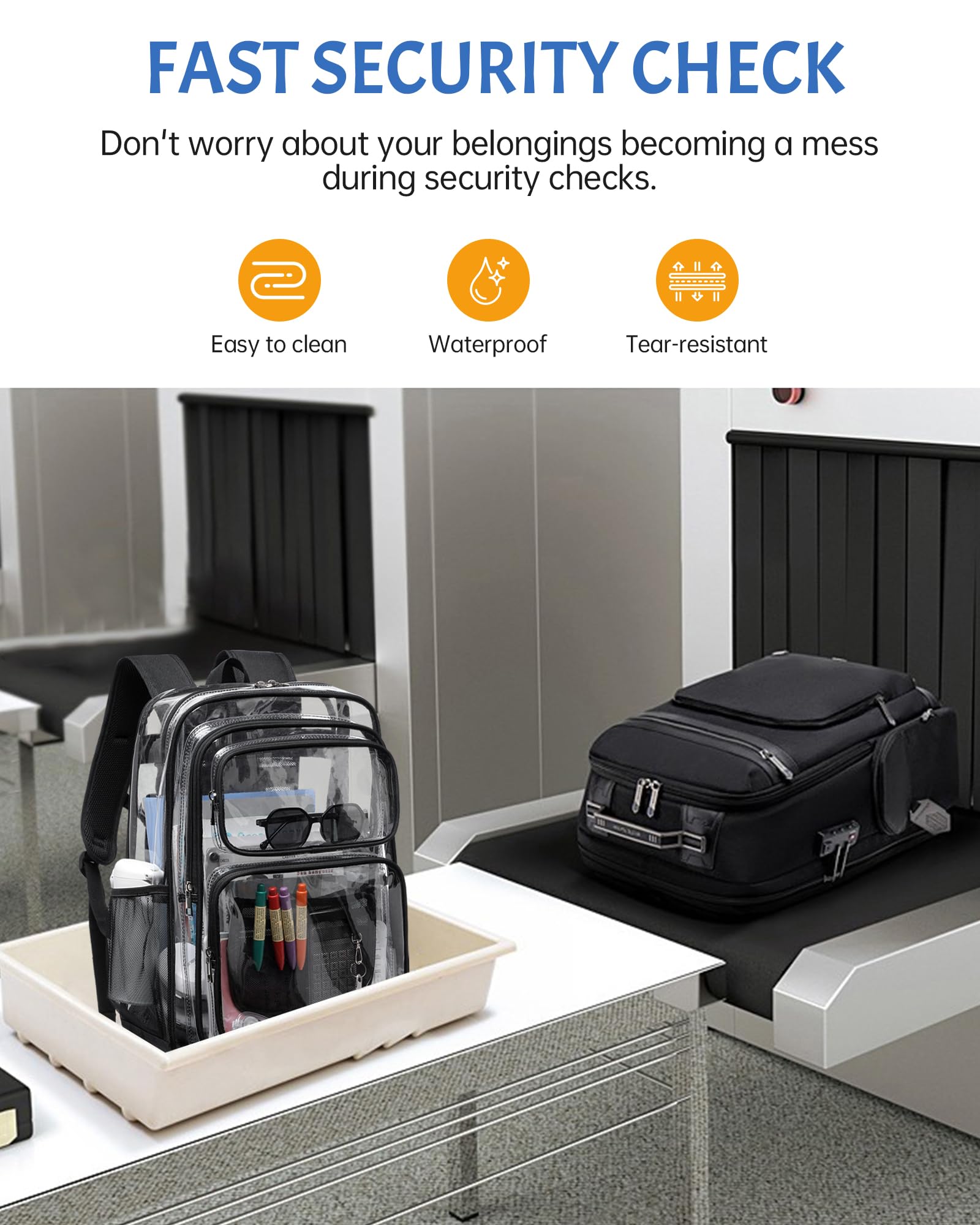 BAVERGE Transparenter Rucksack, strapazierfähig, 45,7 cm, extra große Büchertasche, 3 Vordertaschen und Schloss, für Stadionveranstaltungen, Reisen, Arbeit, Schwarz