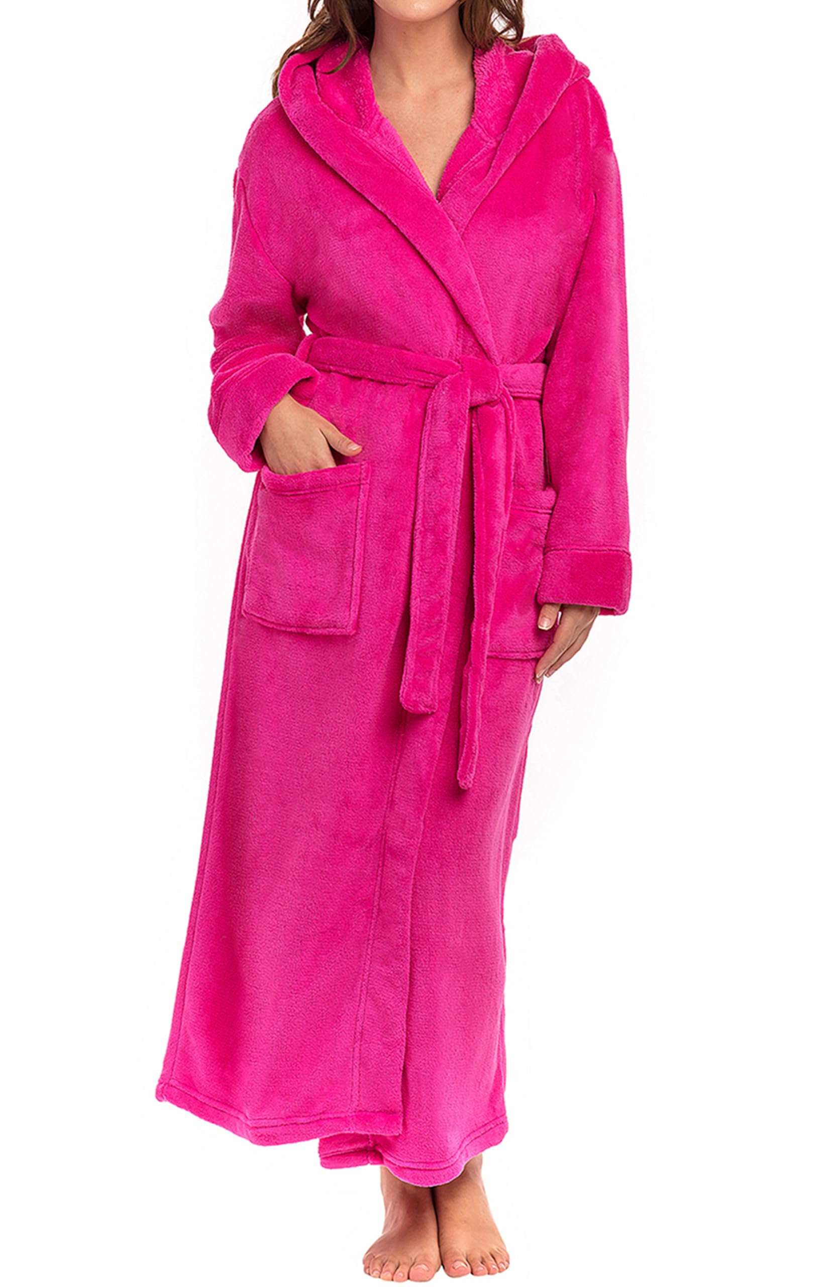Alexander Del Rossa Plush Fleece Robe for Women, Long Hooded Bathrobe with Hood, Plus Size