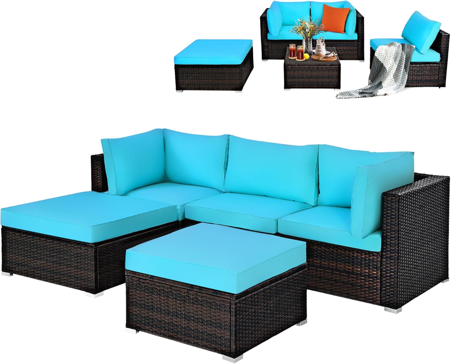 DORTALA 5 Pieces Patio Rattan Furniture Sets, Sectional Sofa Conversation Set w/Steel Frame & Sponge Cushions, Modern Wicker Combination Sofa Set w/Ottoman & Table for Garden Lawn Balcony, Turquoise