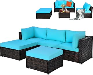 Wicker Patio Furniture Set 5 Piece, Outdoor Sectional Couch with Sofa, Ottoman, Coffee Table, Cushions, All-Weather Conversation Set for Balcony, Porch, Backyard, Deck, Turquoise