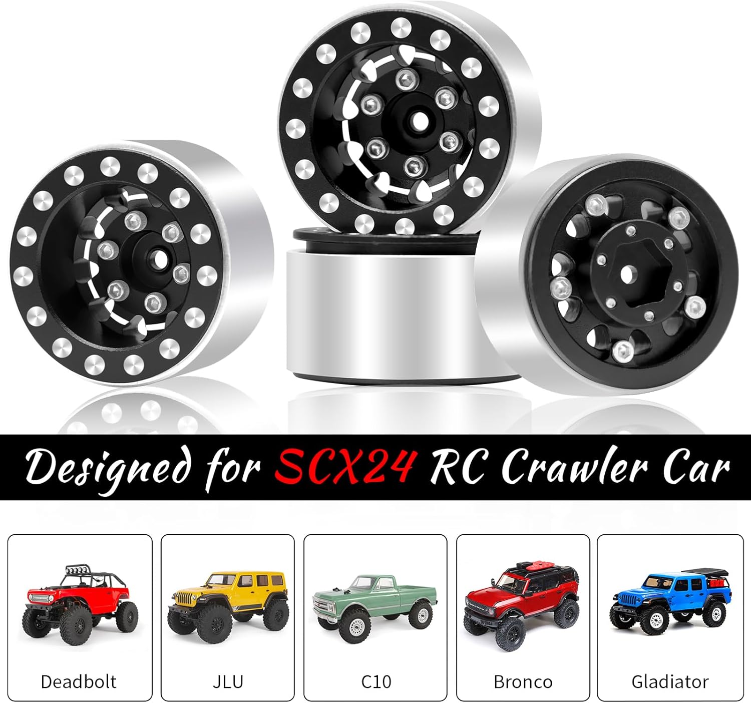 OGRC 1.0 Wheels Deep Dish Rims Negative Offset 7mm Wheels for SCX24 C10 JLU Deadbolt Gladiator Bronco 1/24 Crawler Car (Black)