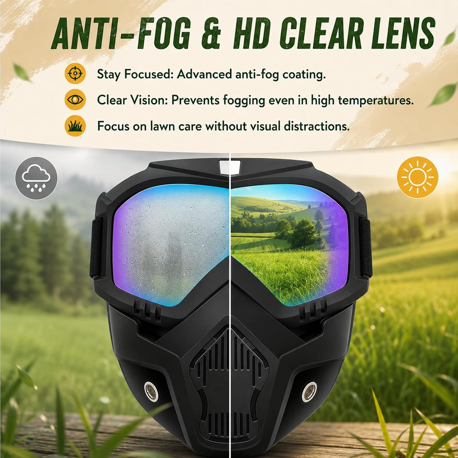 2026 Upgraded Detachable Full Face Goggle Mask, Grass Cutting Goggles, Dustproof, Anti-Fog, Anti-UV, Mowing Mask for Yard Work, Riding & Welding