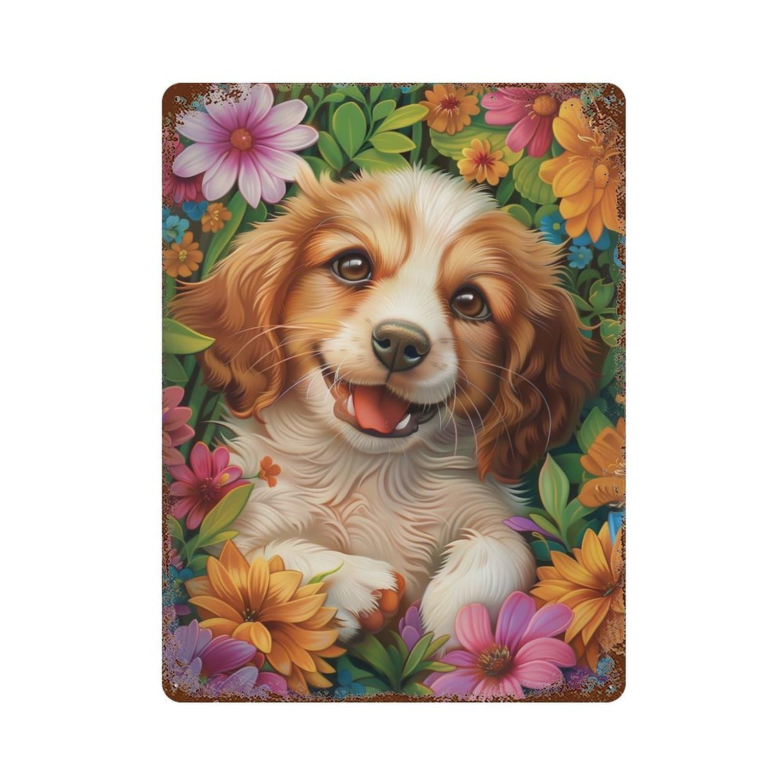 Rust Effect Puppy Garden Aged Metal Wall Plaque 15.7"x11.8", Rustic Home Decor for Bistro, Counter And Cafe Decor