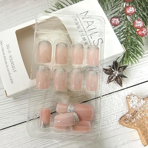 Miniatura 5 de Uñas postizas cuadradas rosadas a presión de longitud media con lentejuelas brillantes, uñas acrílicas de cobertura completa, uñas de ataúd
