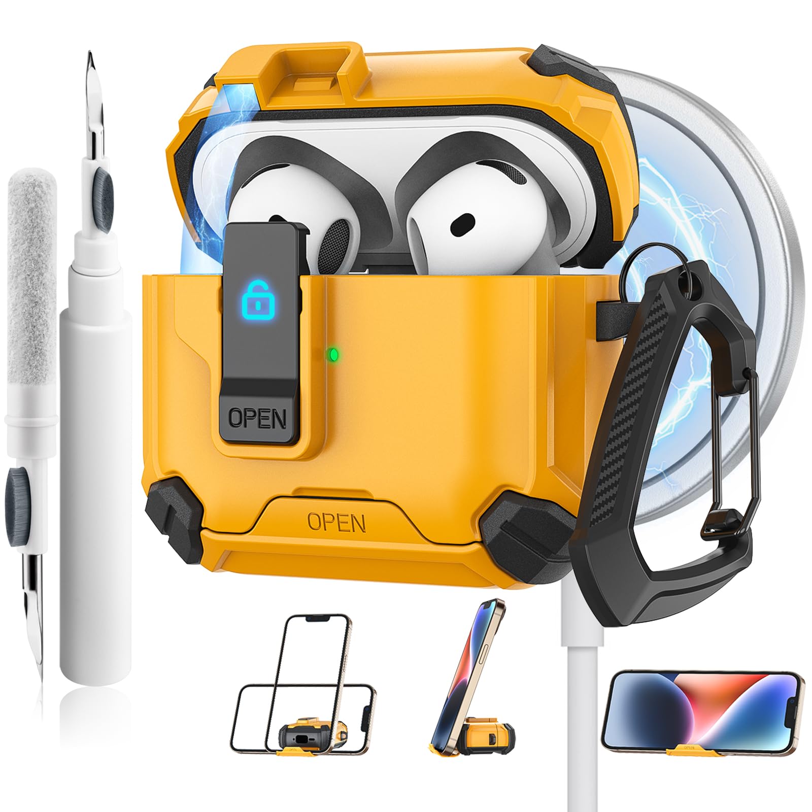 Meliya for AirPods 4 Case, Comes with Phone Holder and Magsafe Function, Automatic Pop-up Full Protection Hard Case with Secure Lock & Cleaner Kit &