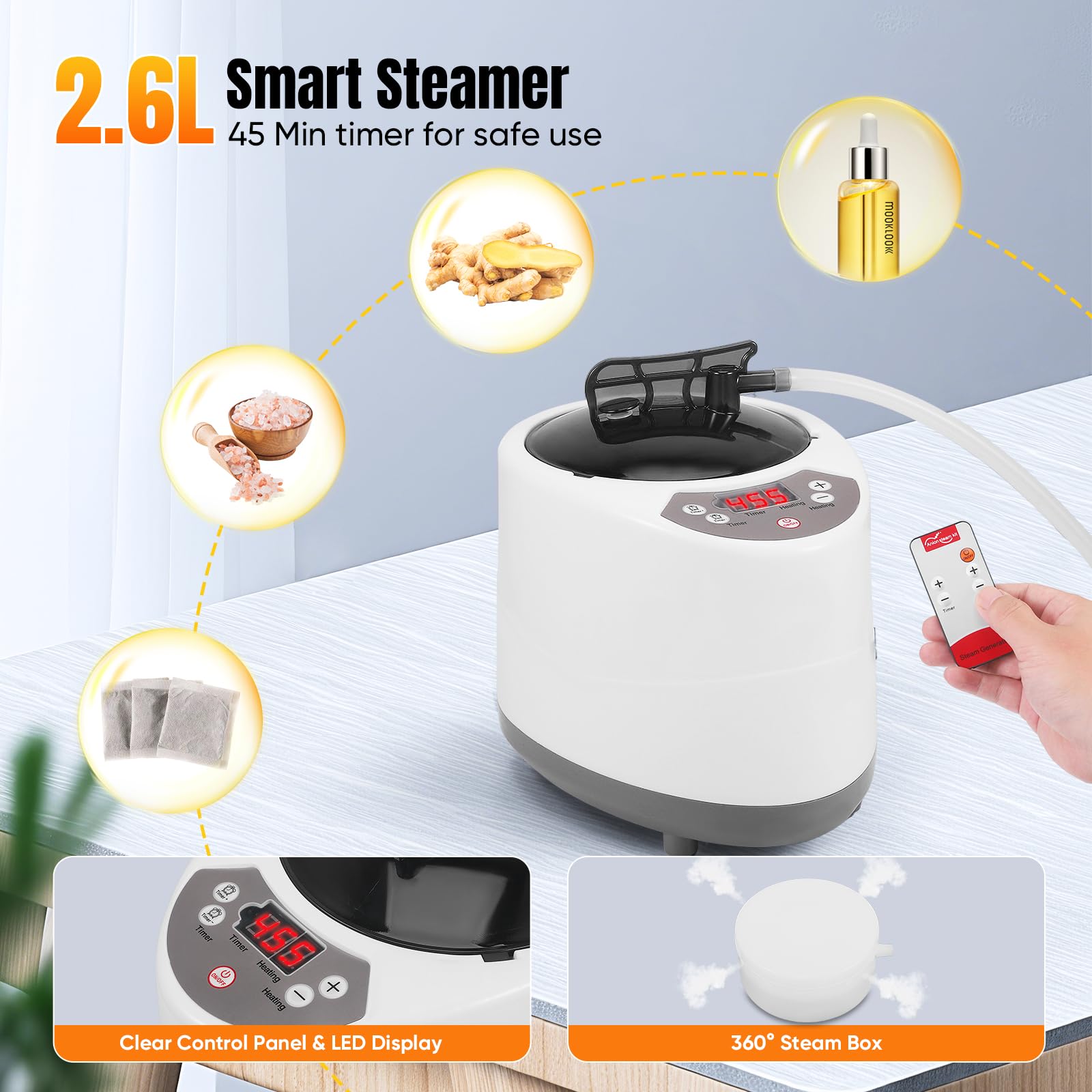 Tragbare Dampfsauna Kabine, Faltbare Saunabox mit Fernbedienung & 45 Min. Timer für Entgiftung, Schmerzlinderung & Entspannung,Tragbarer Vapozone mit 2,6 l Dampfgenerator