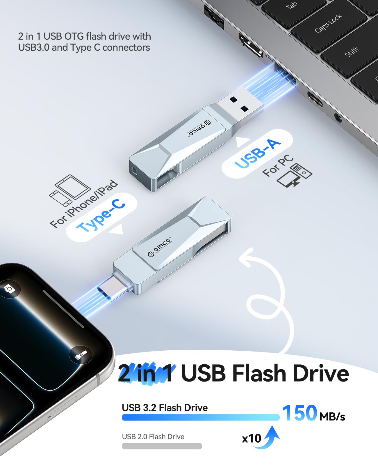 ORICO Pamięć flash USB-C i USB-A 128 GB, 150 MB/S, metalowa obudowa, obrotowa konstrukcja, obsługa funkcji OTG, 2 w 1, pendrive do urządzeń USB C i USB A, CB05 BL