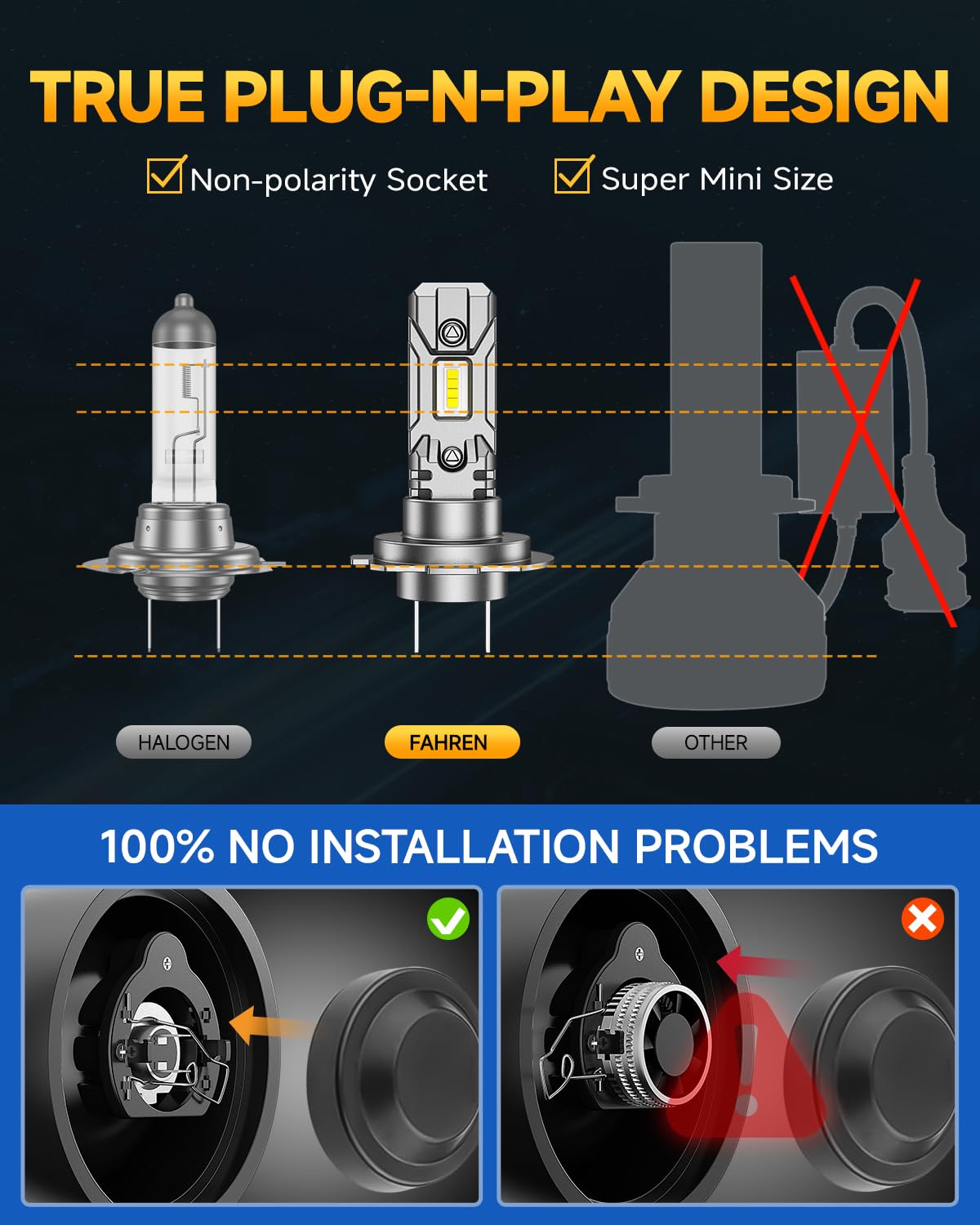 FAHREN H7 LED Headlight Bulb, 1:1 Size H7 LED Bulb, Plug and Play Non-Polarity All-in-One LED Fog Lights, No Adapter Required Bulb, Pack of 2 — view 4