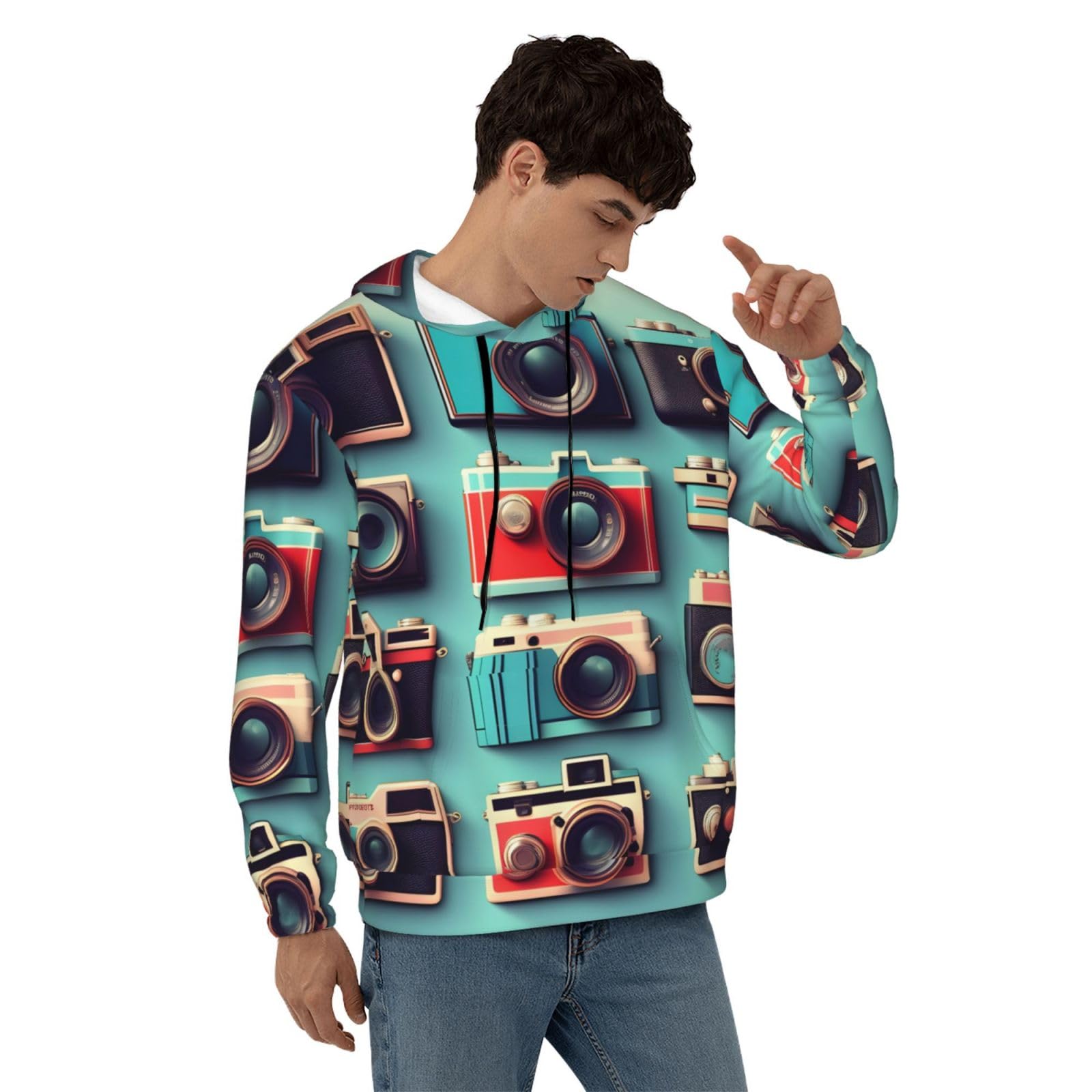Męska bluza z kapturem w stylu retro fajna kolekcja aparatu, swobodny nadruk graficzny sweter z kapturem koszule z kieszenią