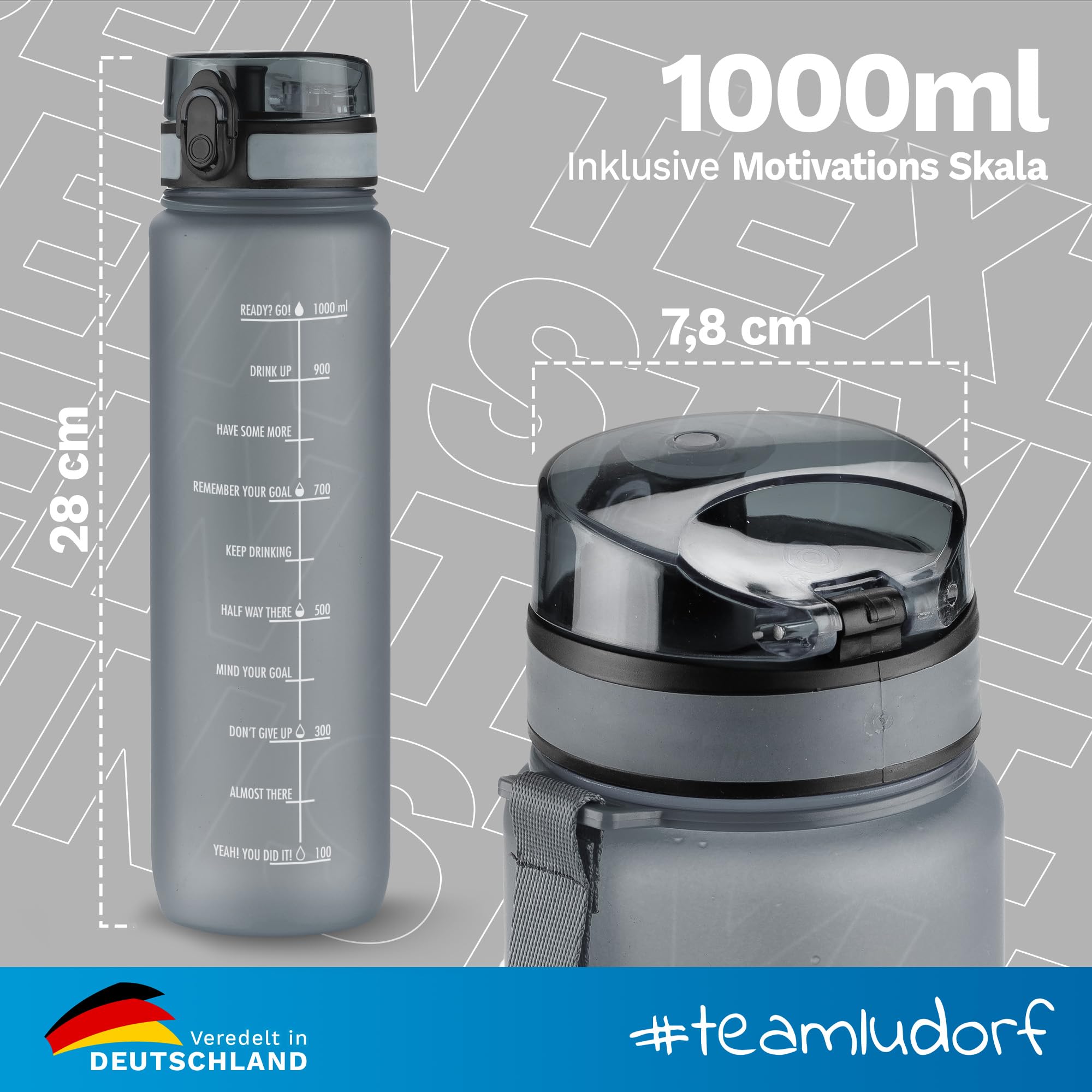 CAMPOS 2.0 Trinkflasche 1 Liter – BPA-frei, Auslaufgehemmt, Mit Trinkverschluss & Handschlaufe, Transparent