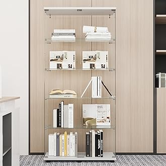 Beauty4U Glass Display Cabinet with 5 Shelves, Curio Cabinets for Living Room, Bedroom, Office, White Floor Standing Glass Bookshelf, Quick Installation