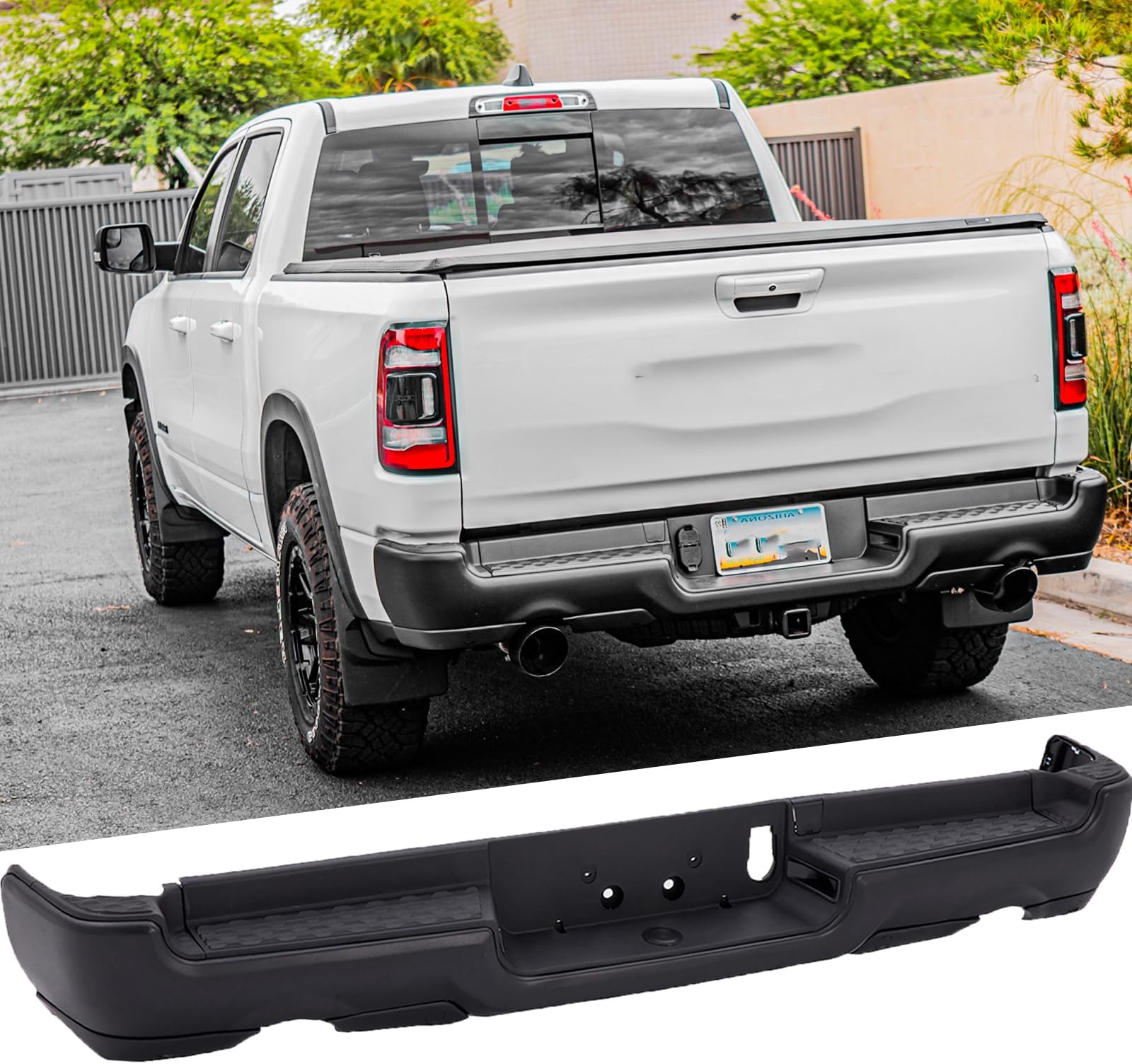 Steel Rear Step Bumper Assembly Compatible with 2019-2024 Dodge Ram 1500 with Dual Exhaust without Park Sensor Holes Black Back Bumper Replacement for CH1103139