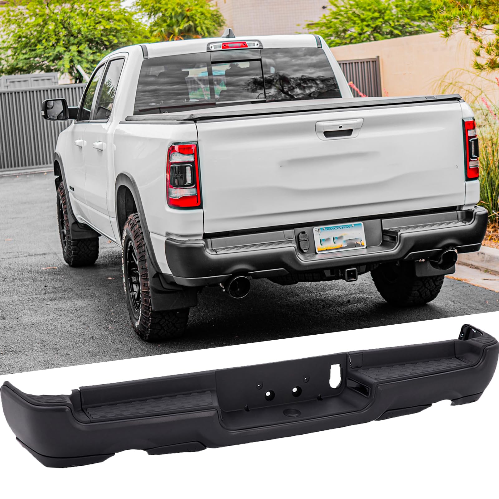 Steel Rear Step Bumper Assembly Compatible with 2019-2024 Dodge Ram 1500 with Dual Exhaust without Park Sensor Holes Black Back Bumper Replacement for CH1103139