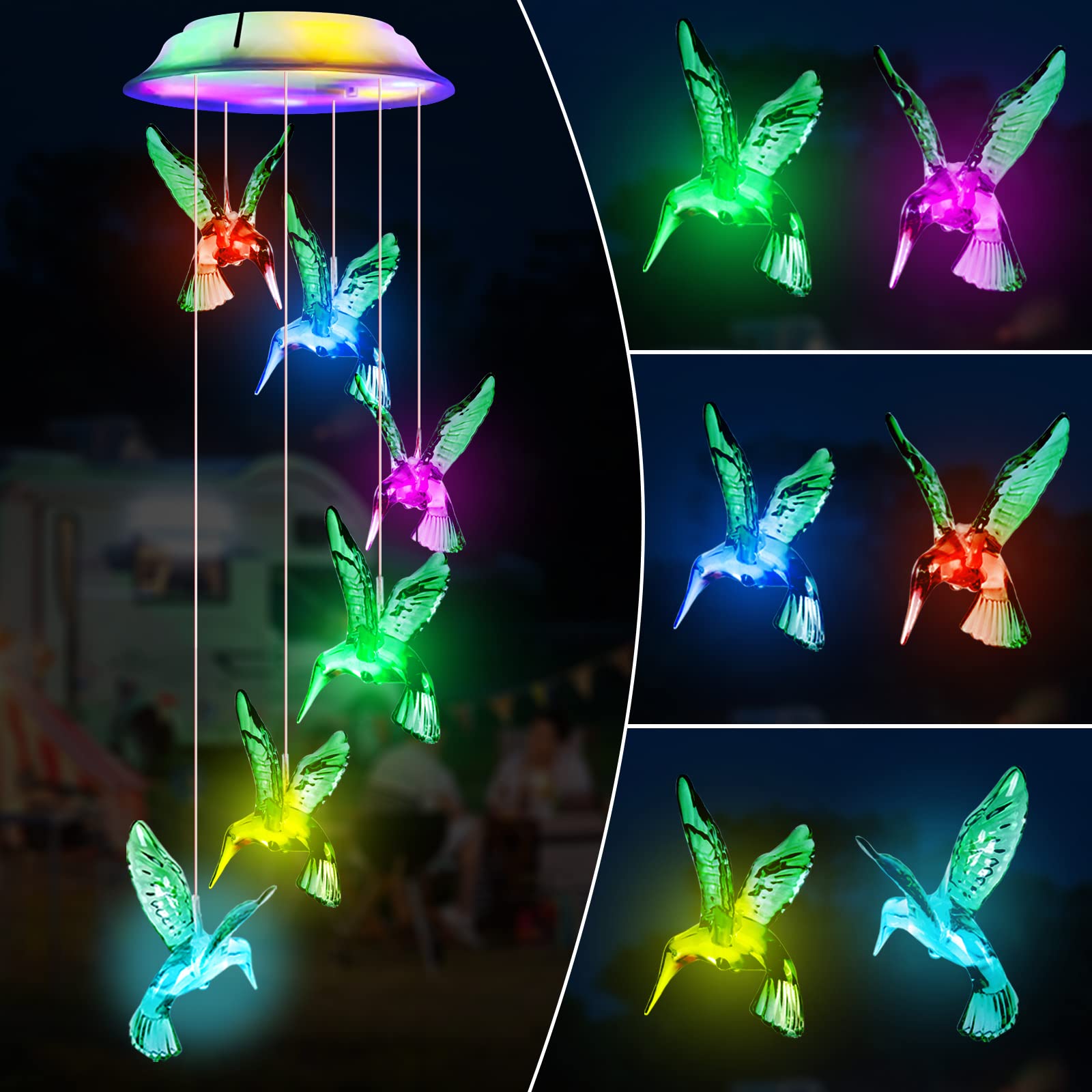 Colibrì Campanelli Eolici Solare Luci Solari Esterno per Giardino LED Solare Campane a Vento Regalo Donna Compleanno Mamma Natale Impermeabile Decorazione per EsterniBalcone Terrazza Gazebo (Colibrì)