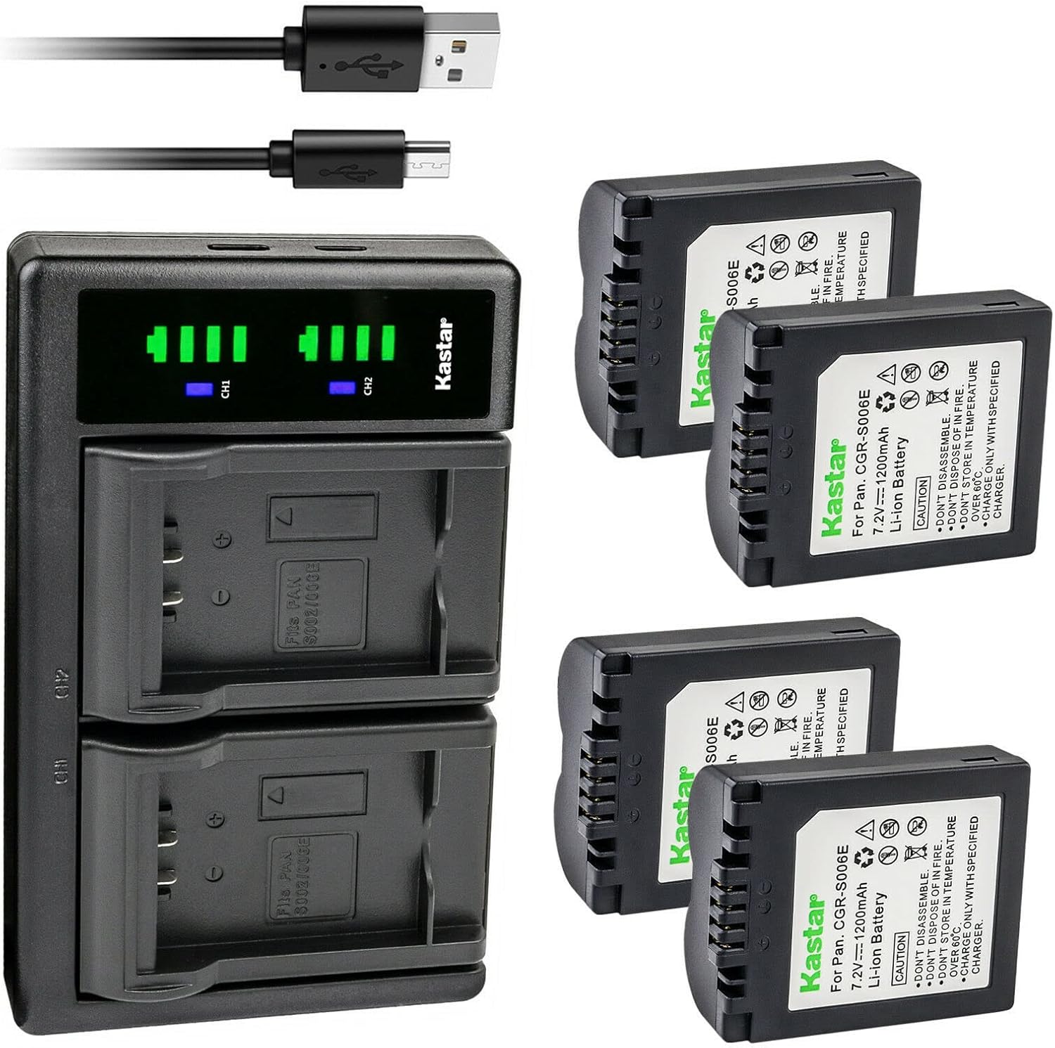 Kastar 4-Pack CGA-S006 Battery and LTD2 USB Charger Replacement for Panasonic Lumix DMC-FZ7GK, Lumix DMC-FZ7K, Lumix DMC-FZ7S, Lumix DMC-FZ8, Lumix DMC-FZ8EBK, Lumix DMC-FZ8EBS Digital Camera