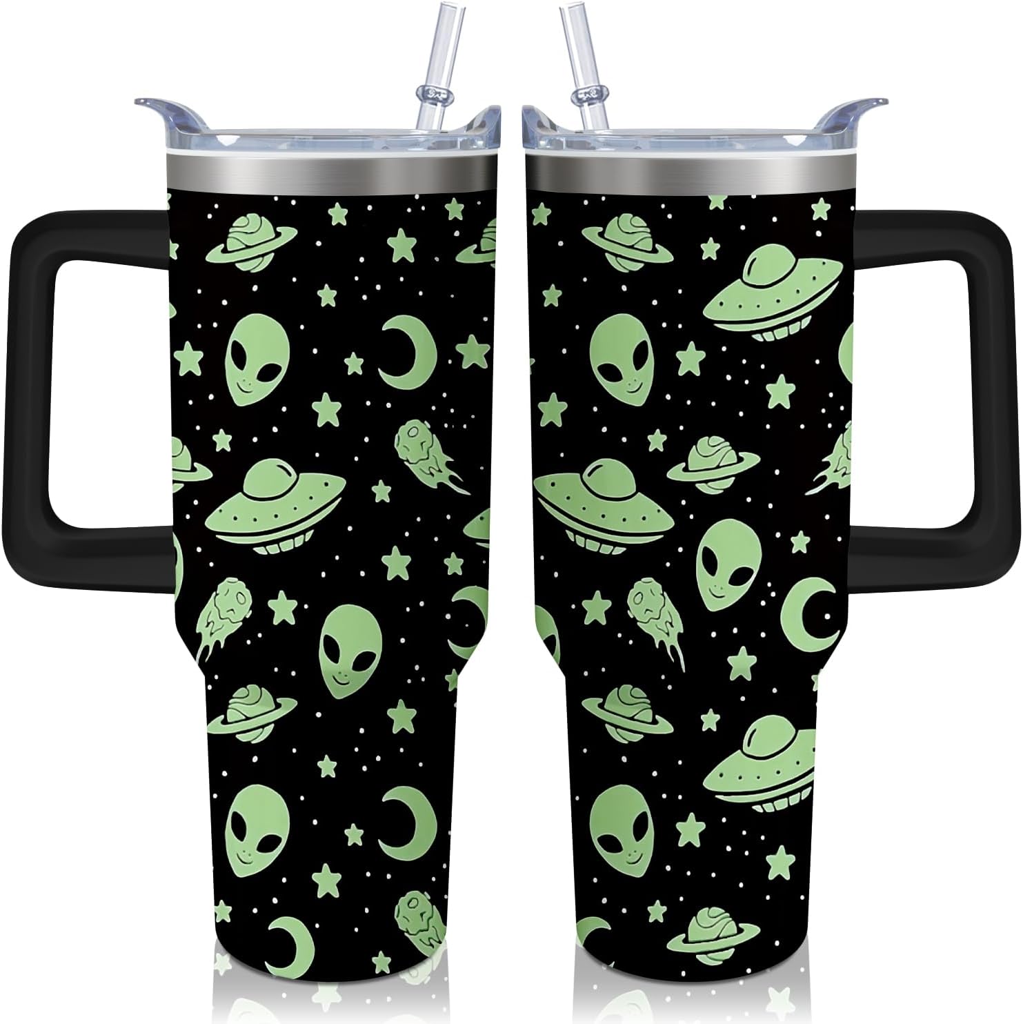 40oz Alien Tumbler with Handle and Flip Straw, Ufo Lover Stainless Steel Insulated Cup, Travel Coffee Mug Water Bottle, Birthday Gifts for Women Men