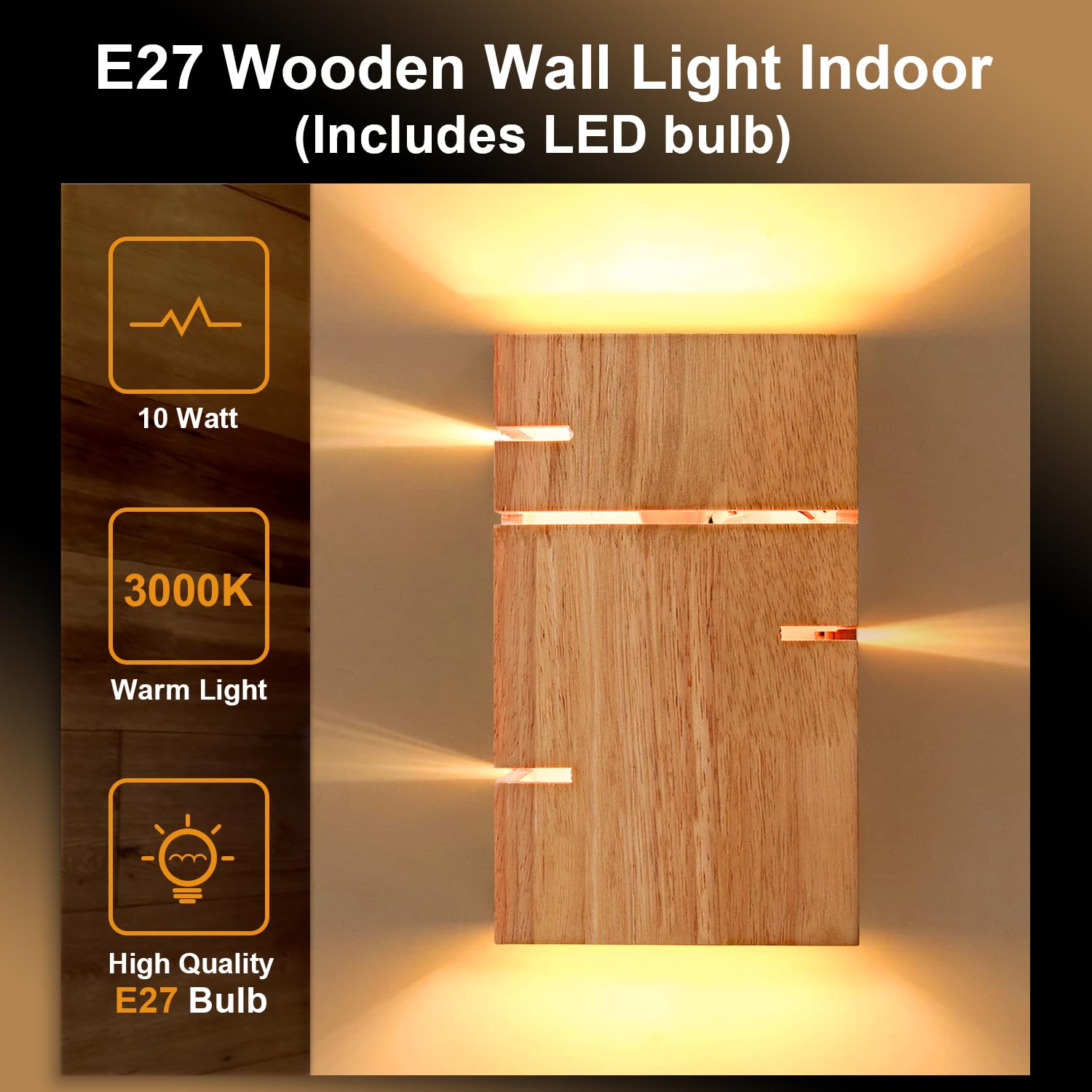 2 Stück Wandleuchte Holz Innen, E27 Vintage Wandlampe Up Down, Quadrat | Retro Wandleuchten Boho & Holz Design, inkl 2 LEDs 3000K Warmweiß, Indirekte Wandbeleuchtung für Wohnzimmer Flur Treppenhaus