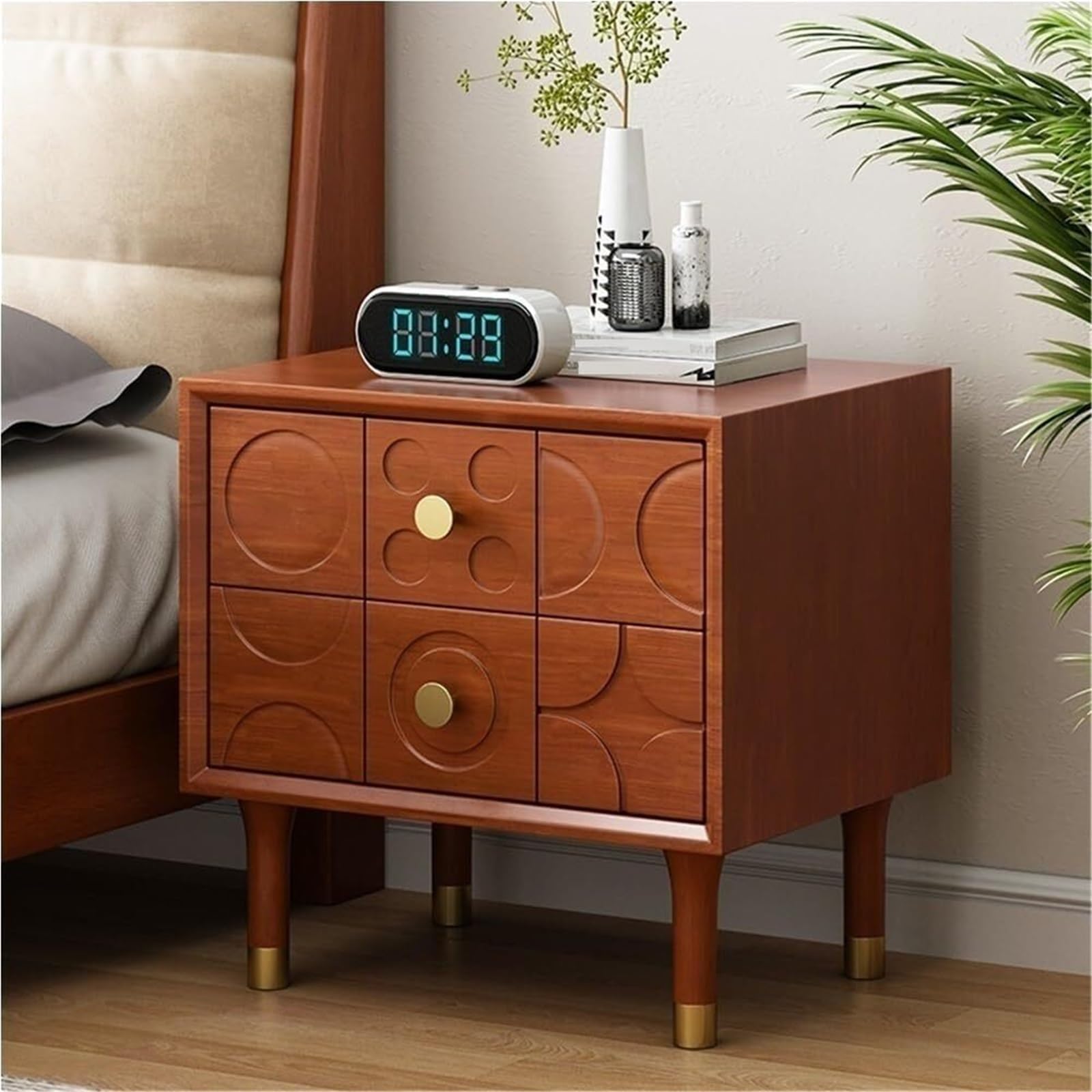 Table de chevet vintage orange, meuble de nuit en bois avec rangement
