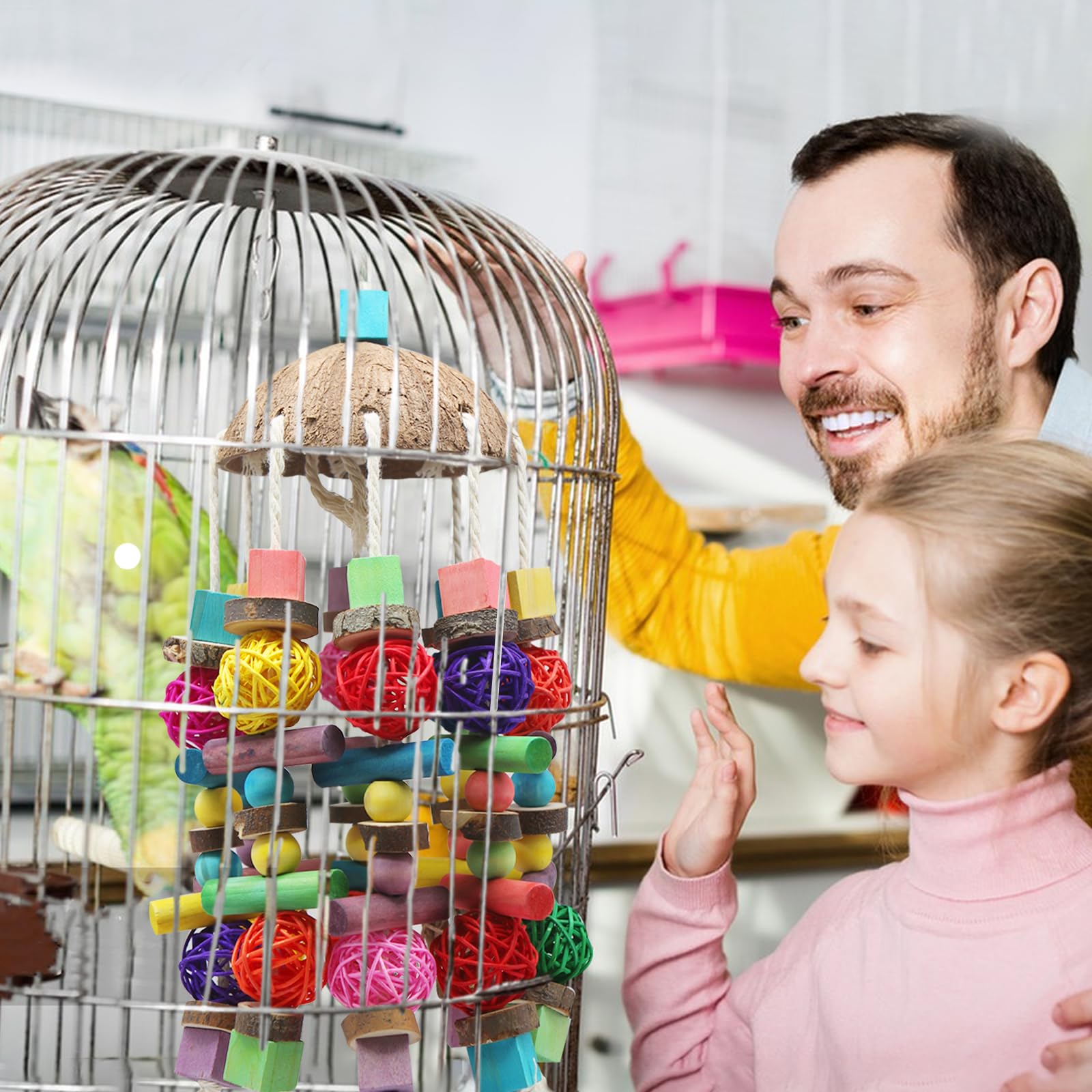 MQUPIN Großes Vogel Papagei Natürliches Kau-Spielzeug für Kakadus, Graupapageien, Aras und Amazonaspapageien, mehrfarbiges natürliches Holzblockspielzeug zum Klettern, Kauen, Entwirren und Putzen