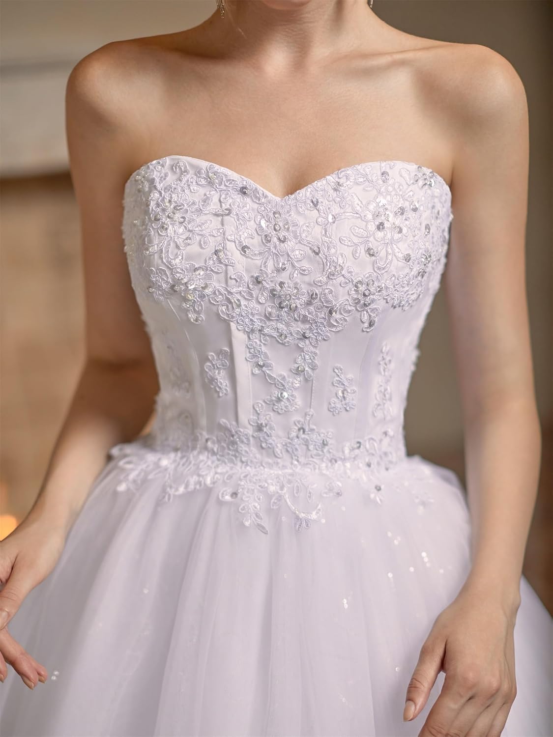 Women's Sweetheart Applique Beaded Corset Bridal Shiny Tull Wedding Dresses for Bride