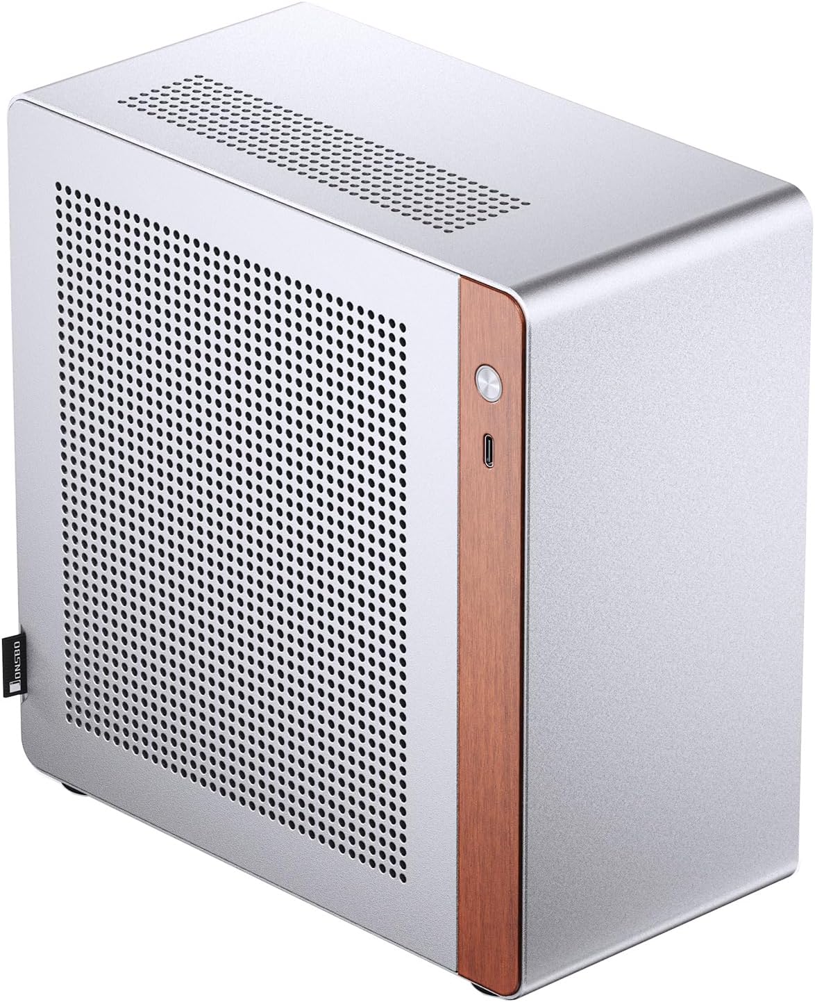 JONSBO NV10 Silver MINI ITX PC Case, Aluminum Alloy with Walnut Trim Desktop Case, Compatible with 1U Flex PSU, Low-Profile GPU,Compact &Portable 4.5L Case,with a PCI-E 4.0 Extended Cable, Silver
