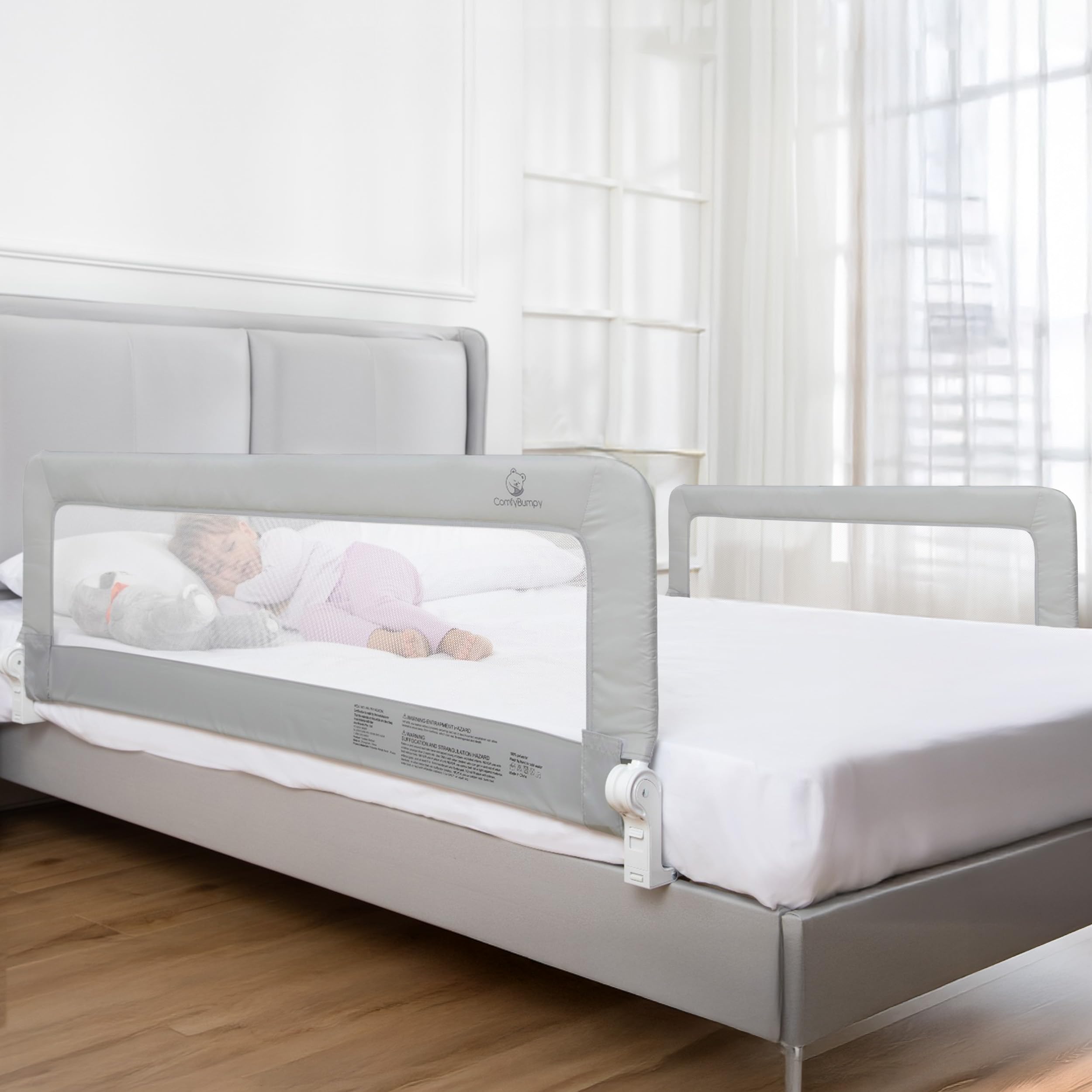 ComfyBumpy 2-Pack Bed Rail for Toddlers 55.5" L x 19.5" H | Toddler Bed Rails for Twin, Full, Queen &amp; King Mattress Size | Swing Down Rail Guard | Mattress Side Rail for Kids | Gray