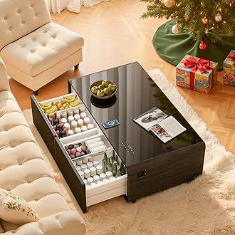 LIVTAB Smart Coffee Table, 27.7" D x 51" W x 18.1" H, Living Room Table with Built in Fridge and Speakers, Smart Table with 15W Wireless Charging, USB Chargers and 110V Outlets (Brown)