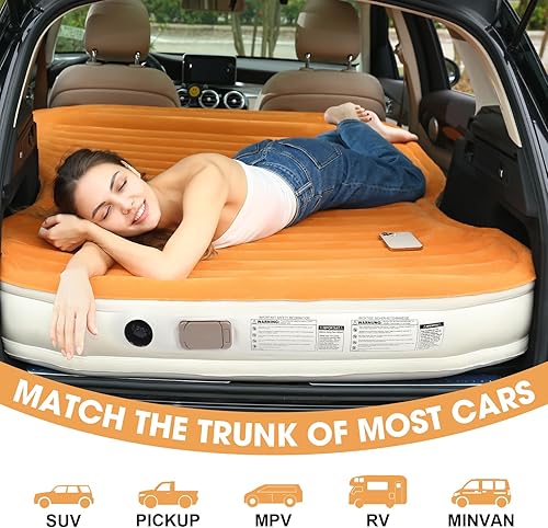 Miniatura 9 de KMZ Colchón de aire SUV con bomba incorporada y 2 almohadas, PVC flocado grueso, cama de aire de inflado rápido de 90 segundos, cama de aire