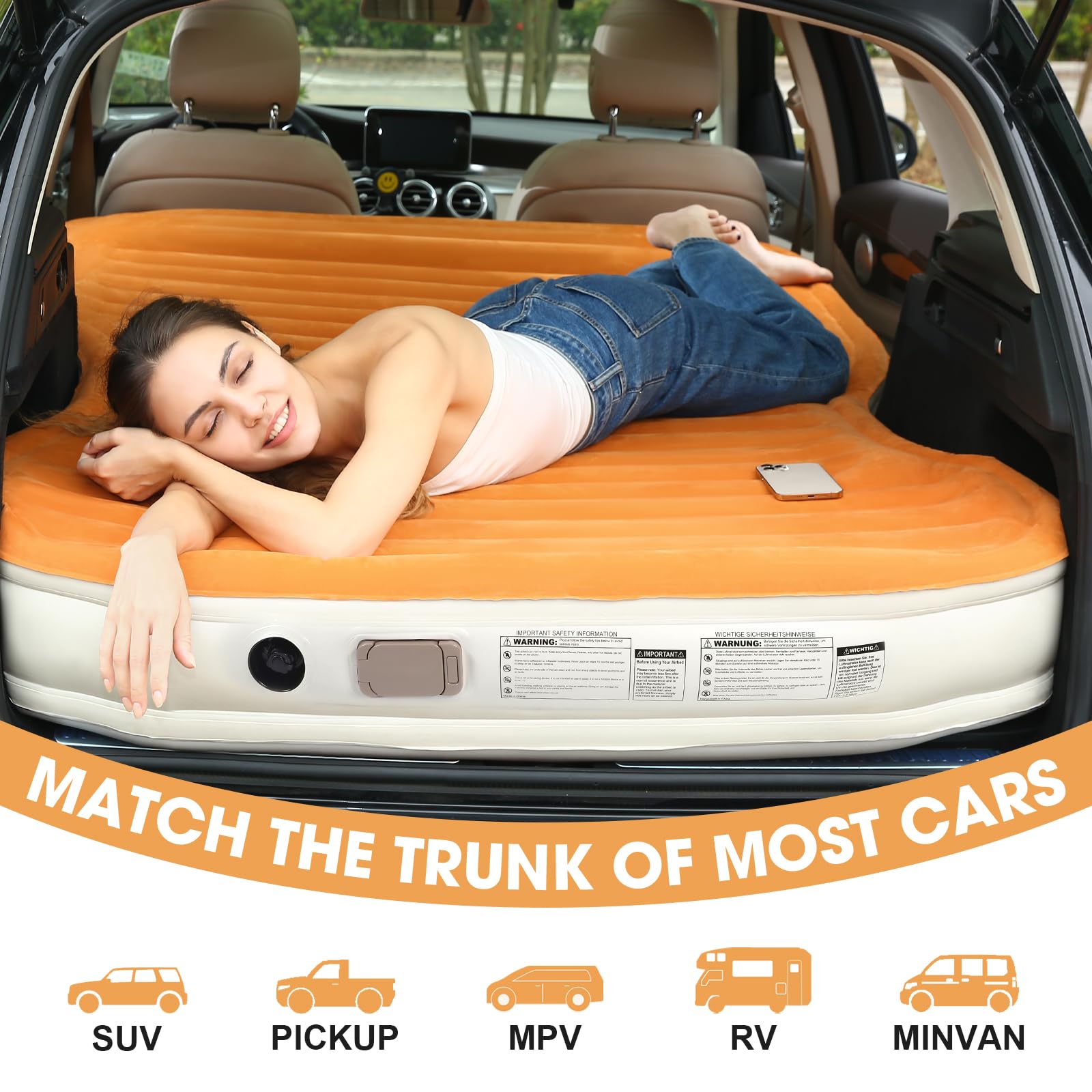 KMZ Materac dmuchany SUV z wbudowaną pompką i 2 poduszkami, grube flokowane PCW, szybkie nadmuchiwanie przez 90 sekund, przenośny i trwały materac dmuchany do samochodu, na kemping, podróże, do