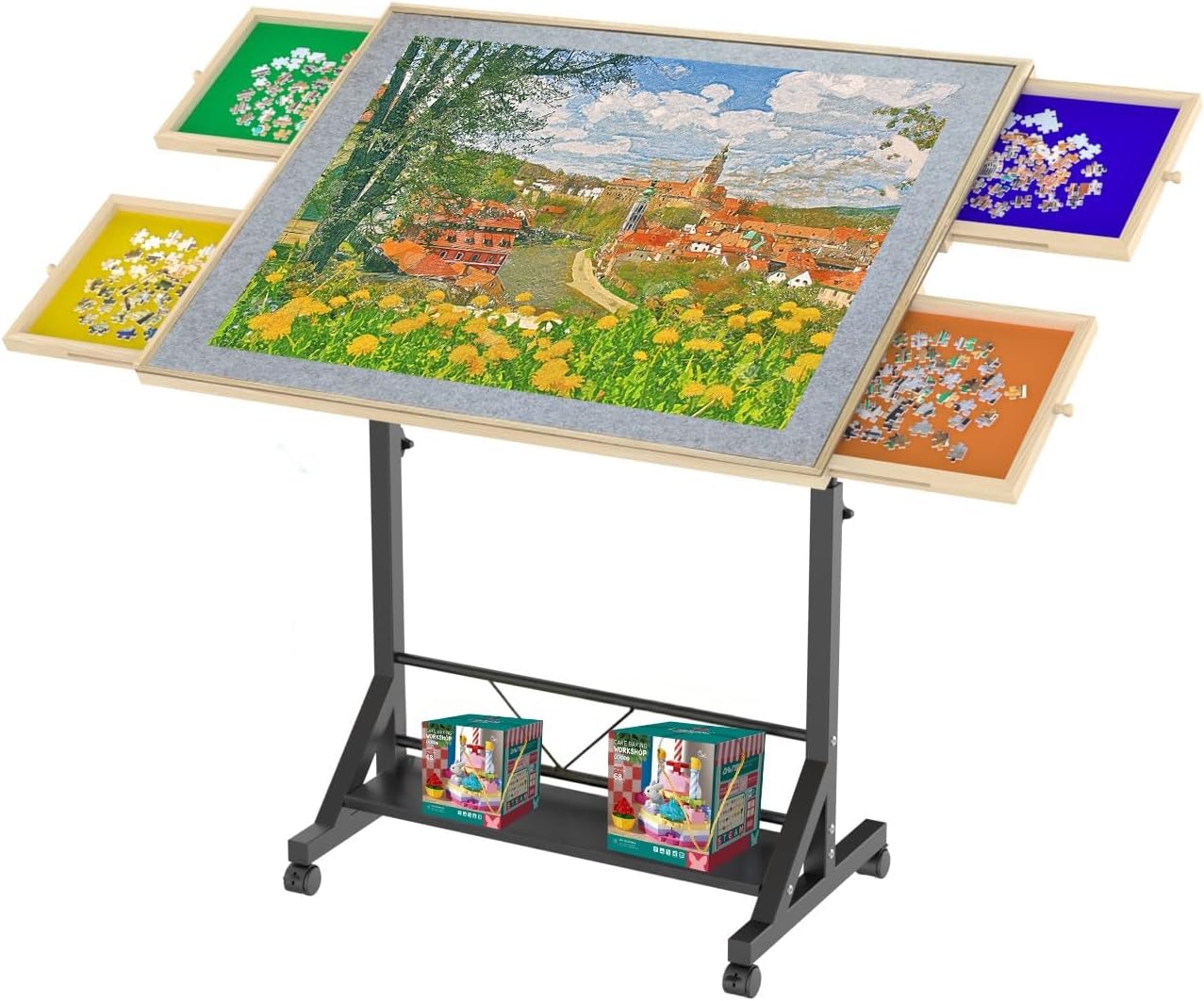 Wooden Puzzle Table with Drawer, Adjustable Height and Angle, Rolling Puzzle Table
