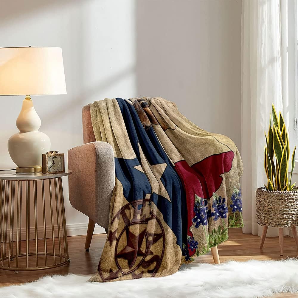 LUVIVIHOME Western Throw Blanket, Texas Flag, Cattle & Bluebonnet Ranch Inspired, Cozy Soft Fuzzy Lightweight Flannel Fleece for Bed, Couch & Sofa, 60"x80"
