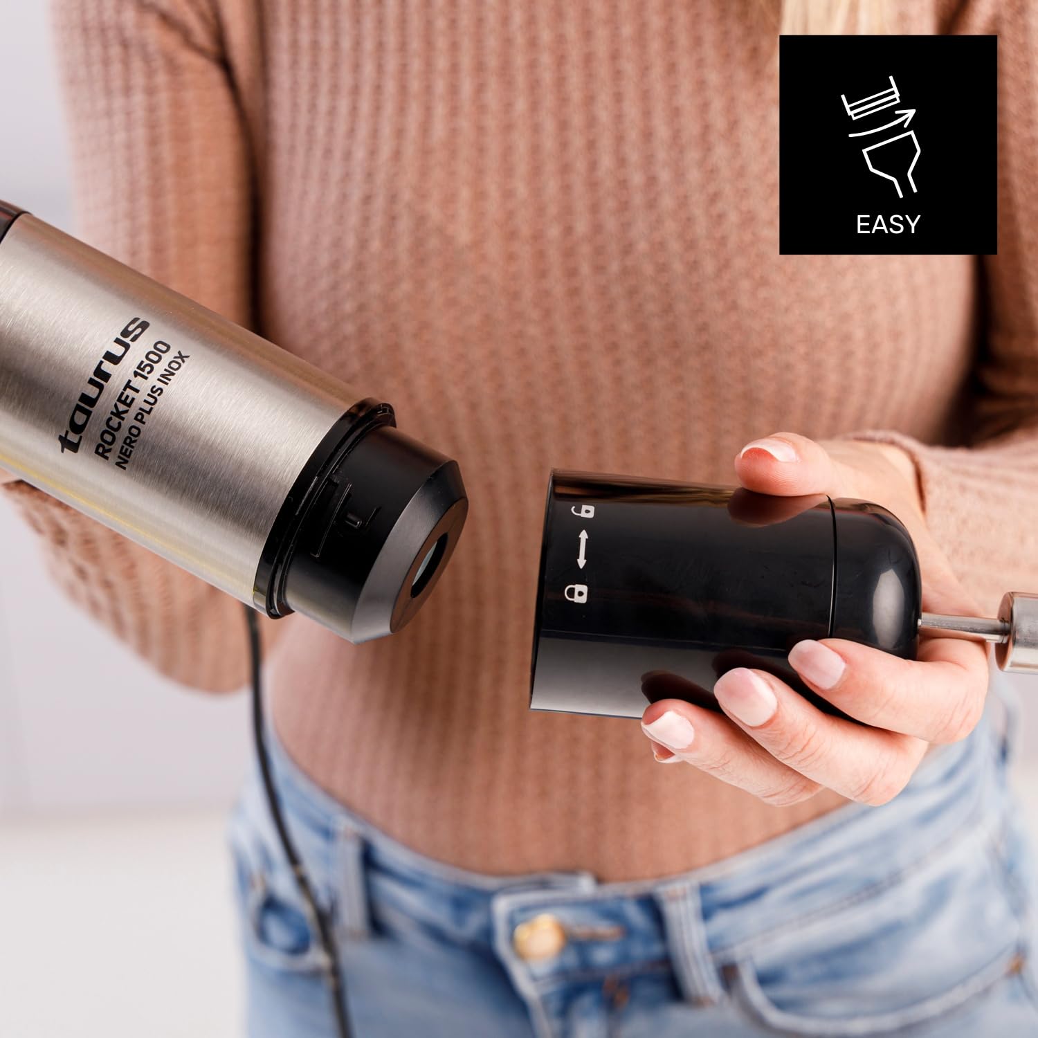 Taurus - Mikser ręczny Rocket Nero Plus ze stali nierdzewnej | 1500 W | Regulator mocy | Ergonomiczna konstrukcja | Podstawa i ostrza ze stali nierdzewnej | odporne na zachlapanie | Kompatybilny z