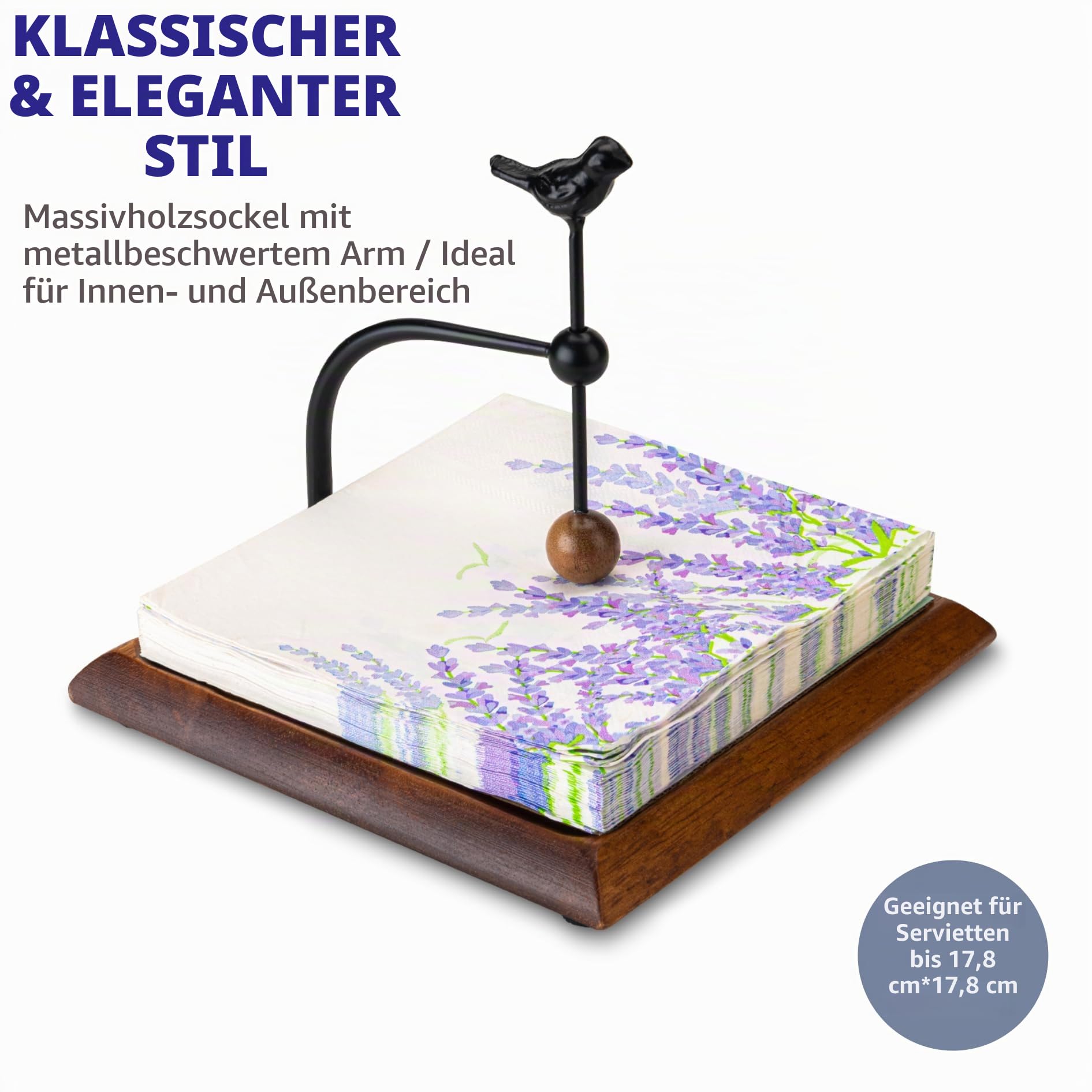 Holzserviettenhalter mit vogelartigem Griff – Eleganter flacher Serviettenhalter mit gewichtetem Arm für Papierservietten, Cocktailservietten – Perfekt für Küche, Esstisch, Café und Bar