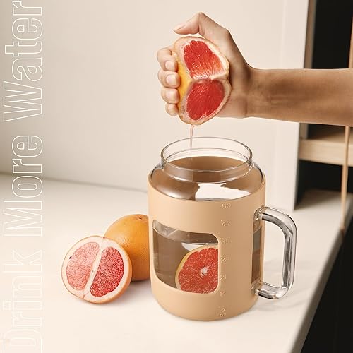 Miniatura 7 de Vaso de vidrio de 32 onzas con tapa y popote, botellas de agua de vidrio con asa, taza de vidrio con marcador de tiempo y funda de silicona, cabe en